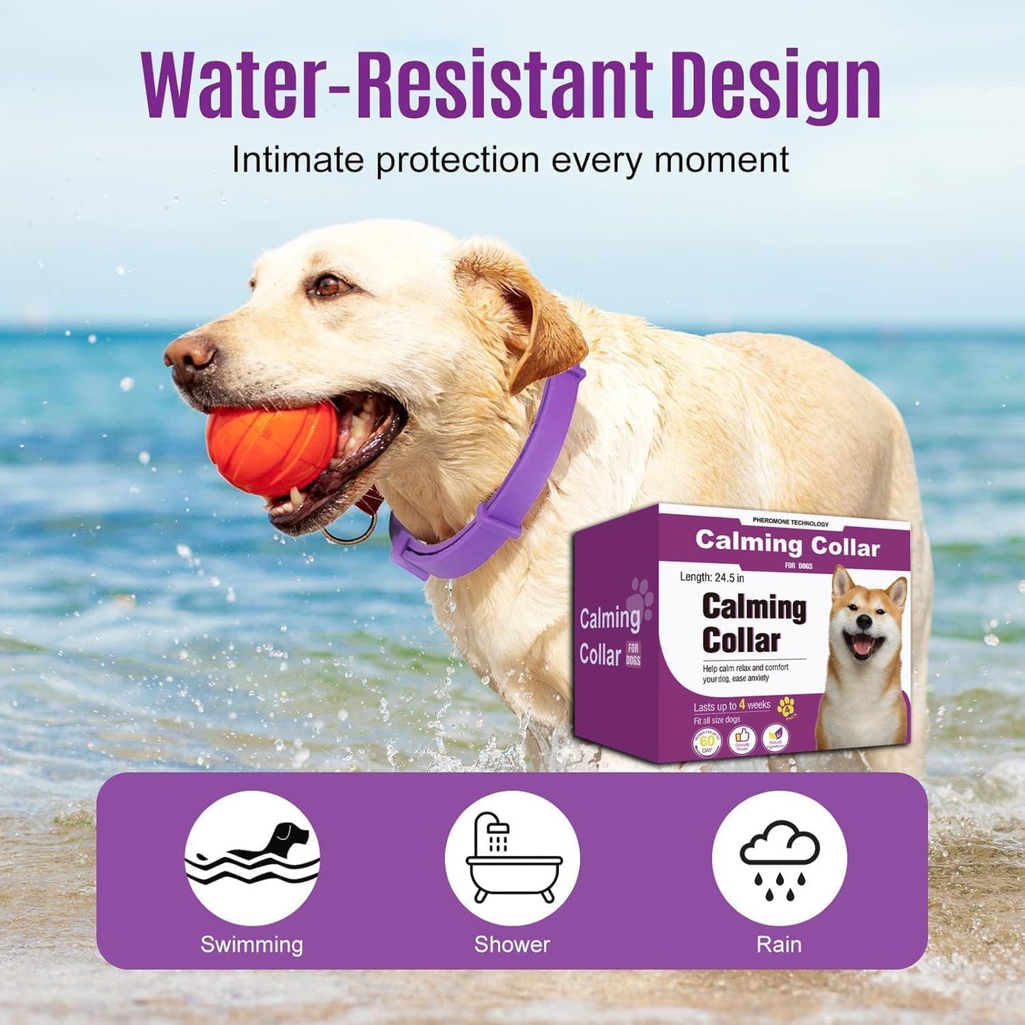 Calming Collar for Dogs 4 Packs, Dog Pheromone Calm Collars Relief Anxiety Stress Separation Lasts 60 Days, Calm Pheromone Collars 25 Inches Size Flexible Adjustable for All Dog (Pruple)