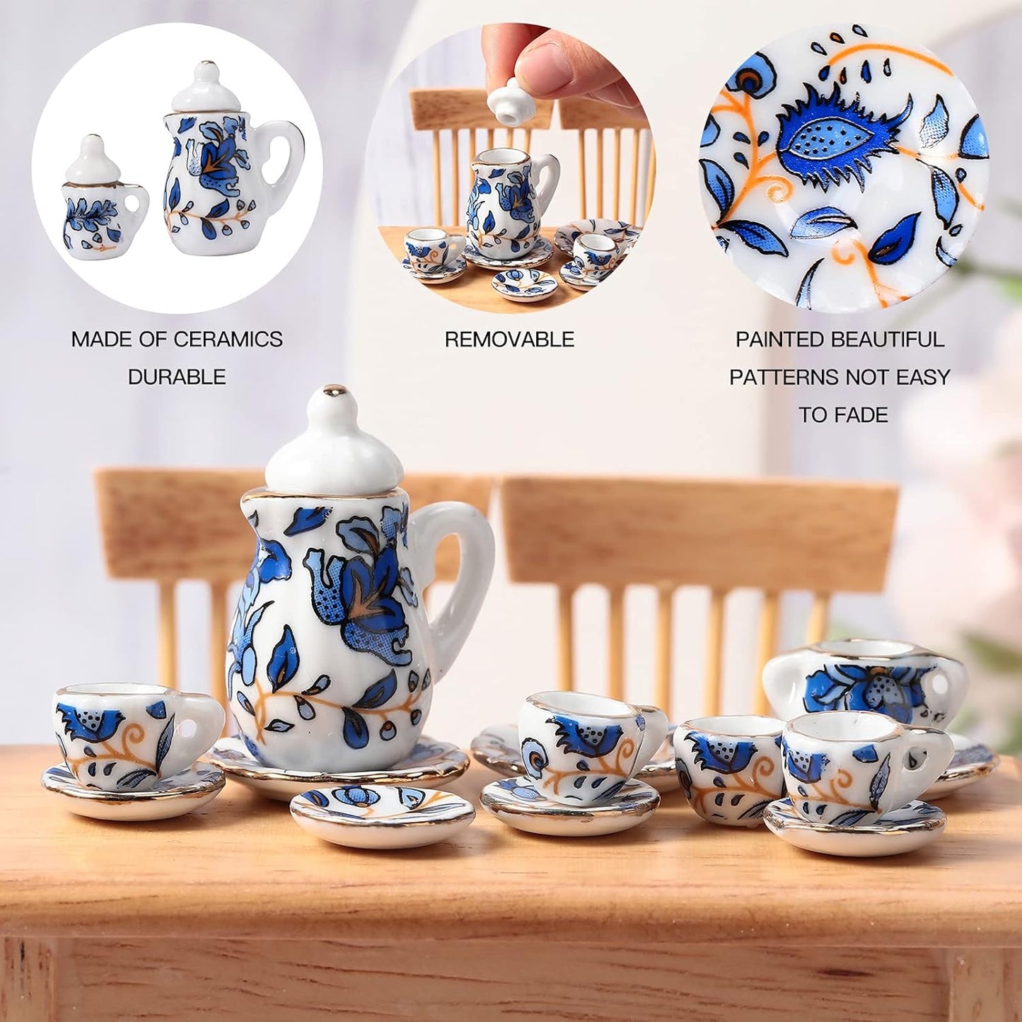 Geiserailie 2 Set 1:12 Dollhouse Miniature Porcelain Tea Cup 30 Pieces Mini Flowers Pattern with Golden Trim Teapot Cup Plate Mini Tea Dollhouse Kitchen Accessories