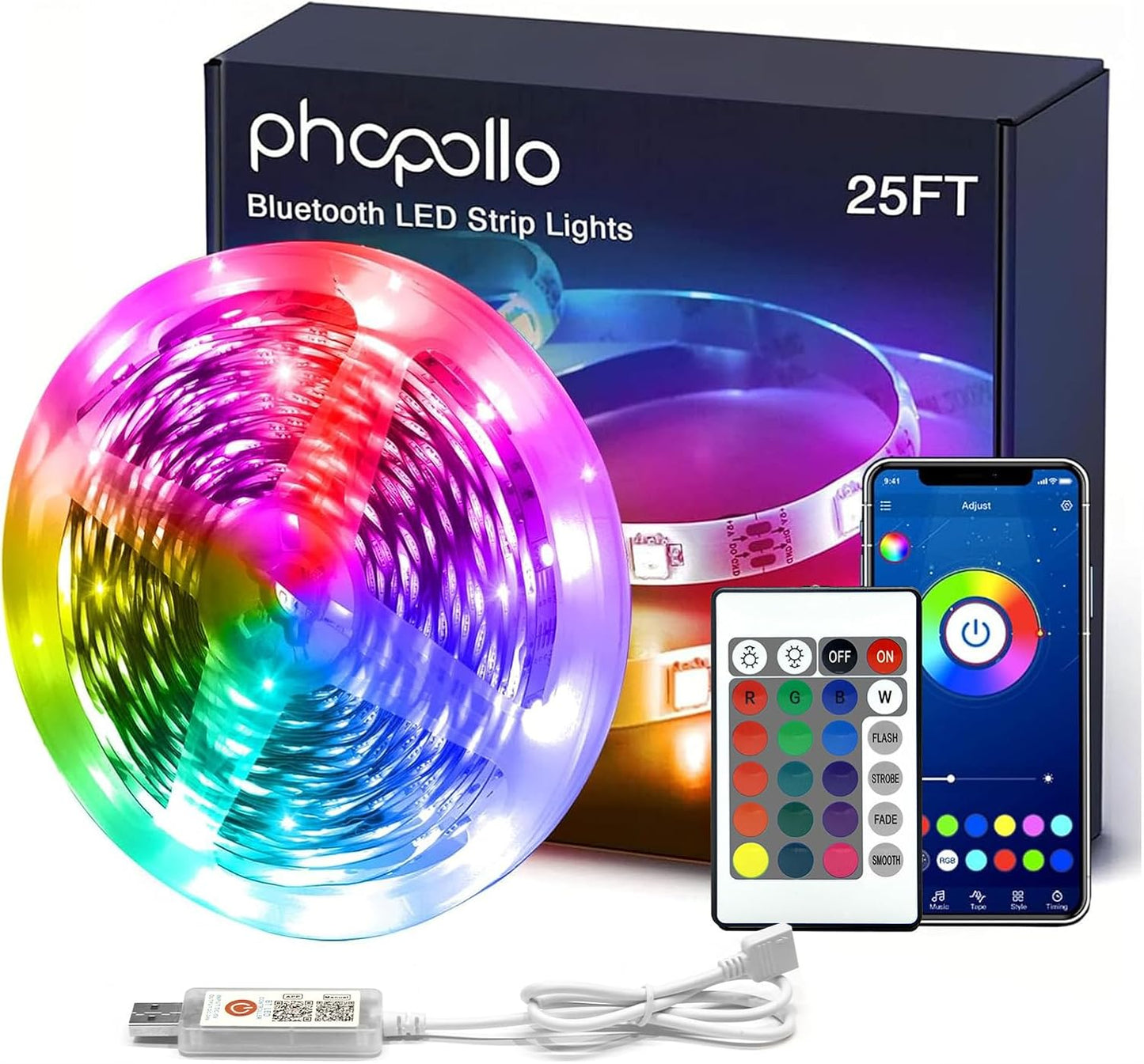 phopollo Led Strip Light, 25ft led Light Strips with Remote & App,Music Sync Mode with Mic, Smart Flexible 24V Led Lights for Bedroom Ceiling, Party,Stairs,USB Powered