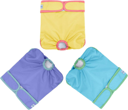 Teamoy 3Pcs Washable Female Dog Diapers, Reusable Doggie Diaper Wraps for Female Dogs, Super-Absorbent and Comfortable, Yellow + Purple + Blue, XL
