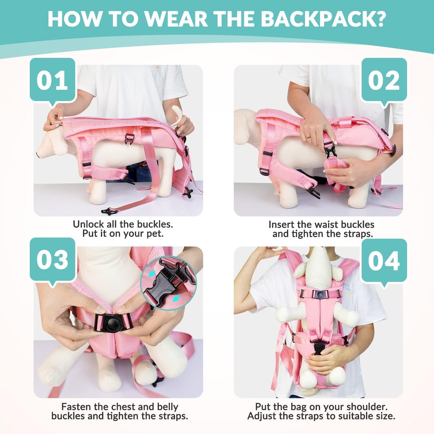 Dog Carrier Backpacks, Adjustable Dog Backpack Carrier, Legs Out Easy-fit Dog Chest Carrier for Medium Small Dogs, Hands Free Dog Front Carrier for Hiking, Cycling（Pink M）