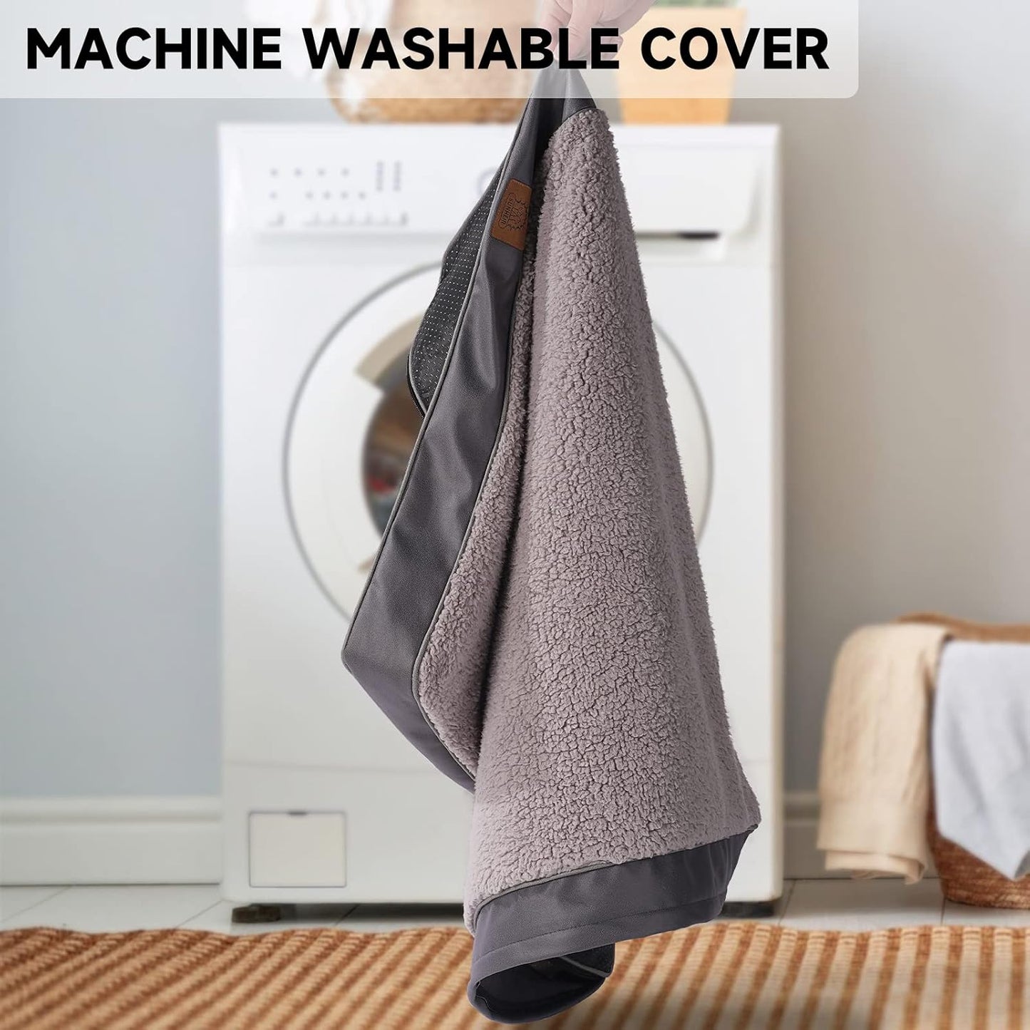 Sunheir Washable Large Dog Bed Covers Soft Plush Replacement, Waterproof Dog Bed Liner, Pet Bed Cover with Zipper 35x22x3 Inches, Grey, Cover Only