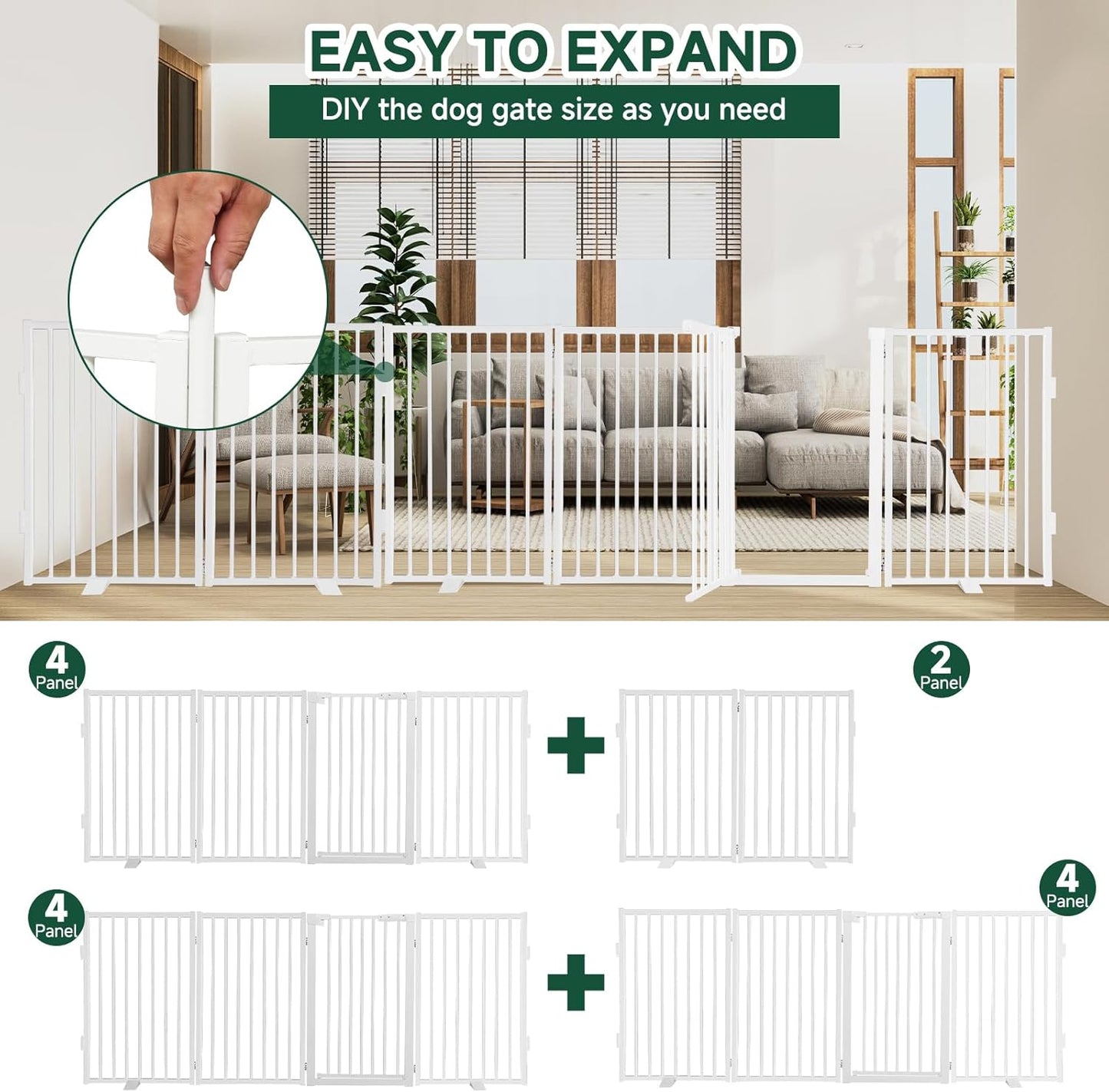 Snagle Paw Metal Freestanding Dog Gate with Door, 80” W x 32” H Dog Fence with Support Feet for Doorways, Stairs and Hallways, Portable Pet Gate for Indoor Use (4 Panel, White)