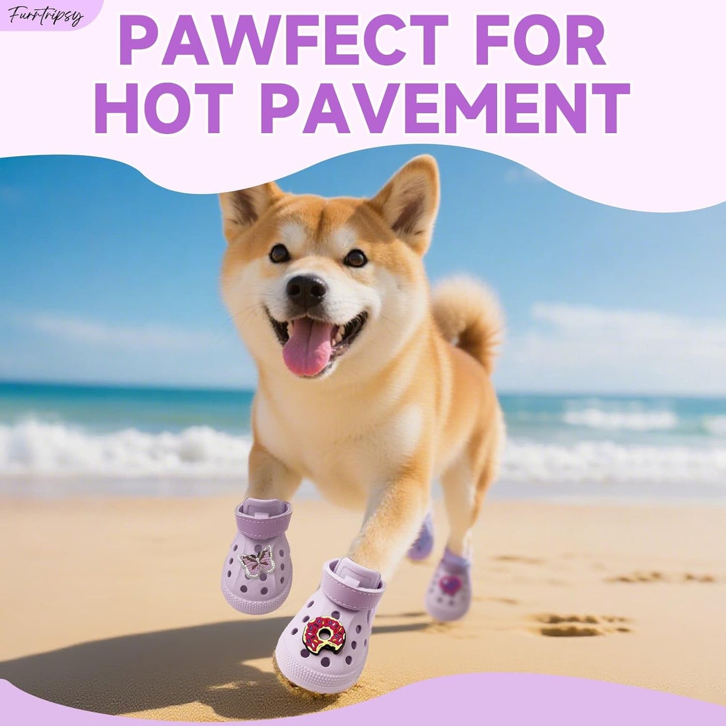 Dog Shoes,Non-Slip Waterproof Sandals for Hot Pavement, Breathable Perforated Boots,Adjustable Straps Dog Rain Booties for Summer Beach and Rainy Day(Purple,#6)