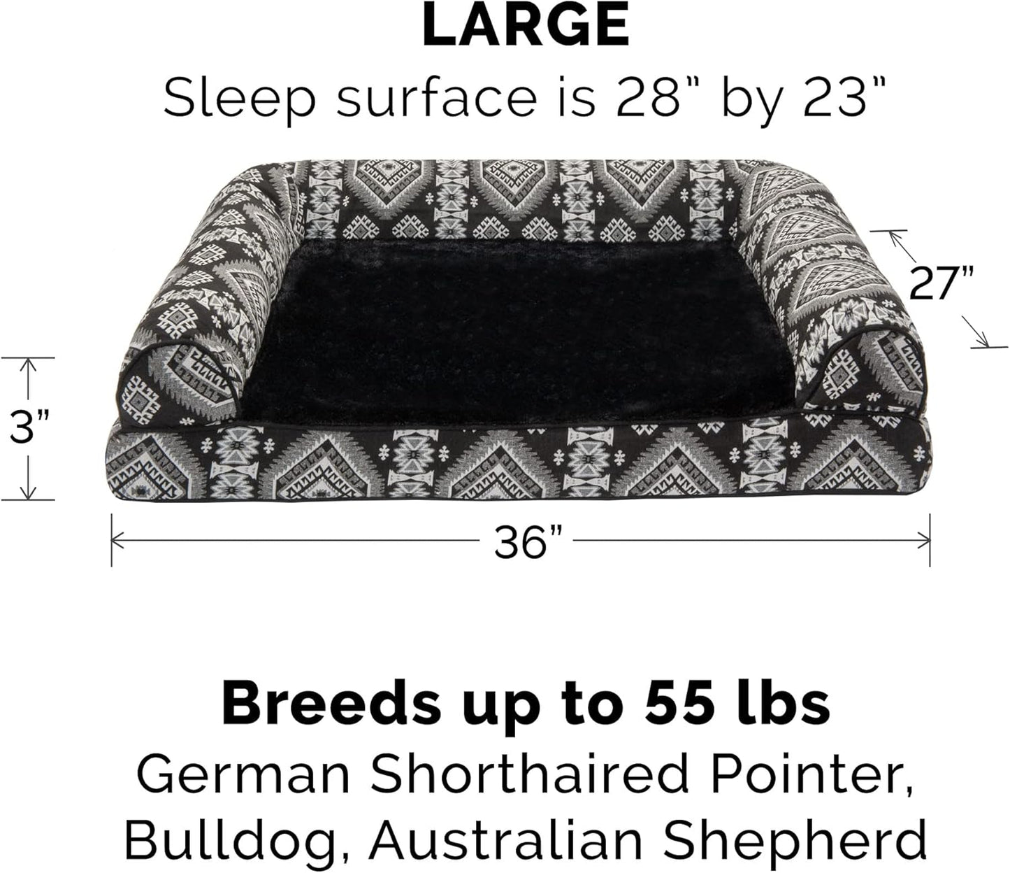 FurHaven Supportive Memory Foam Sofa Dog Bed with Washable & Removable Cover - Plush/Woven - Black Medallion, Dogs Up to 55 lbs - Large