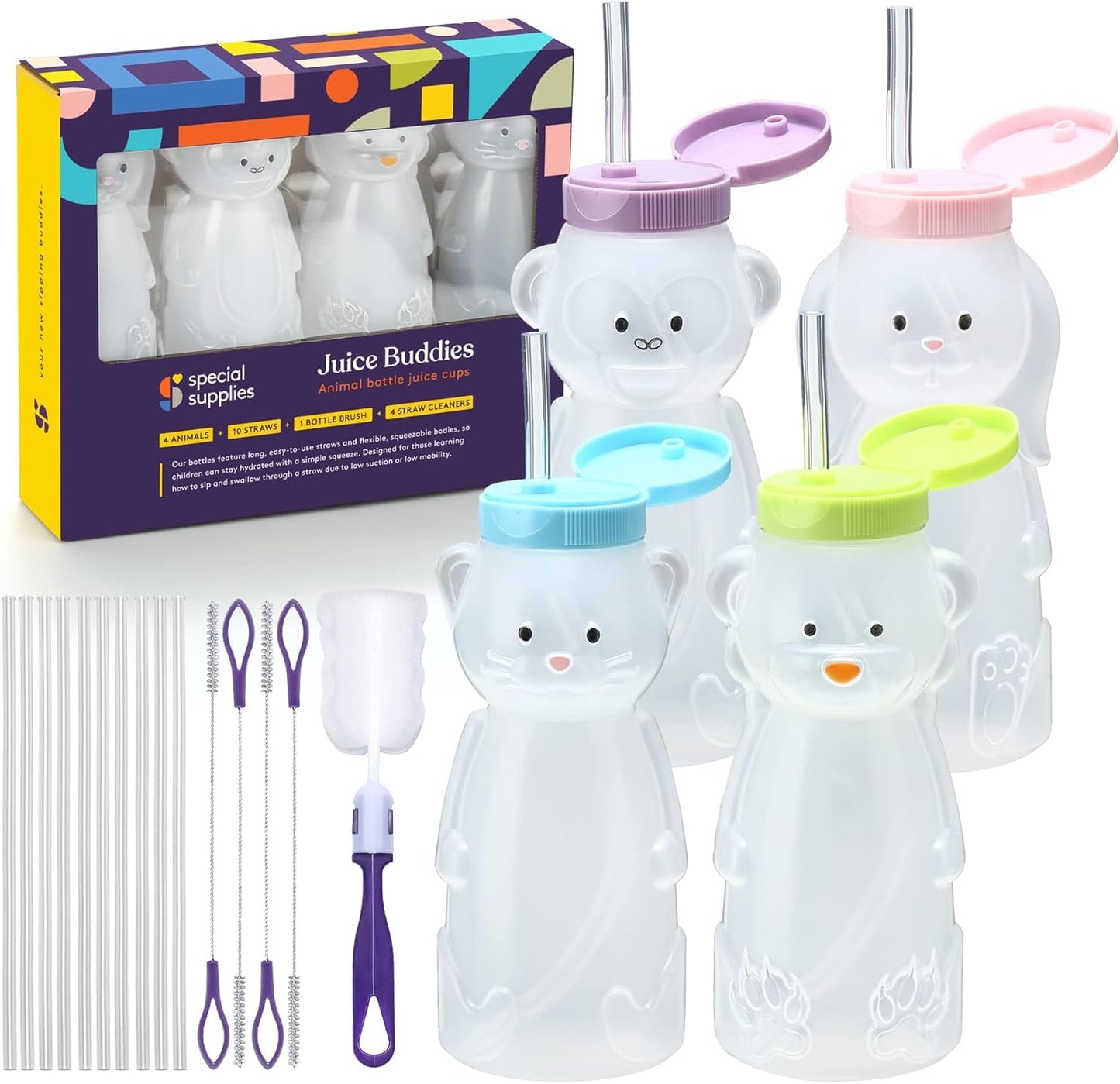 Special Supplies Honey Bear Straw Cup For Babies, 4-Pack, Fun Animal-Shaped Baby Led Weaning Training Drink for Straw Training and Weaning