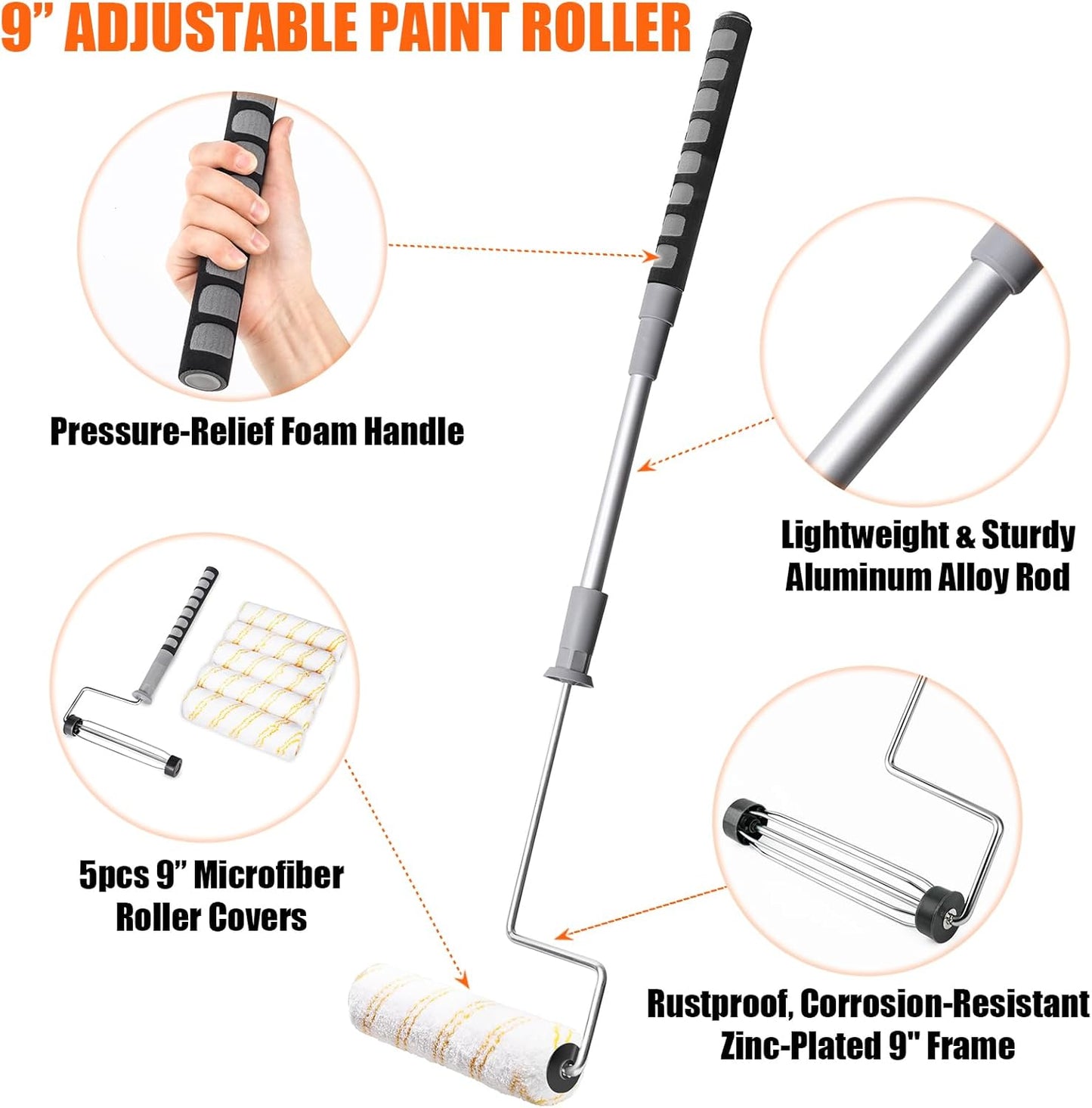 6pcs House Paint Roller Kit, 9 inch Extendable Roller Frame with 5 Microfiber Roller Covers 1/2" Nap, Adjustable Painting Roller (18" - 36") for Walls, Ceilings, Floor, Home Painting Supplies