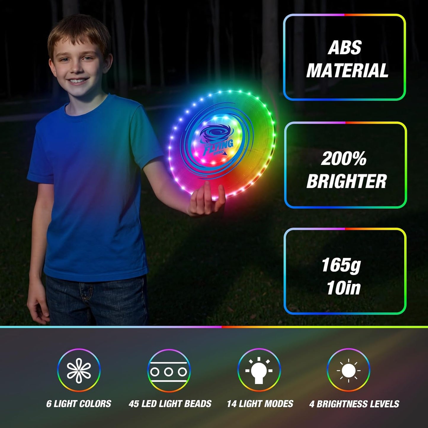 2 Pack Light up Flying Discs for Kids, 45 LEDs, 14 Lighting Modes, Rechargeable Glow in The Dark Flying Ring for Beach, Camping, Outdoor Game, Sport Toys for Teens Boys Adult