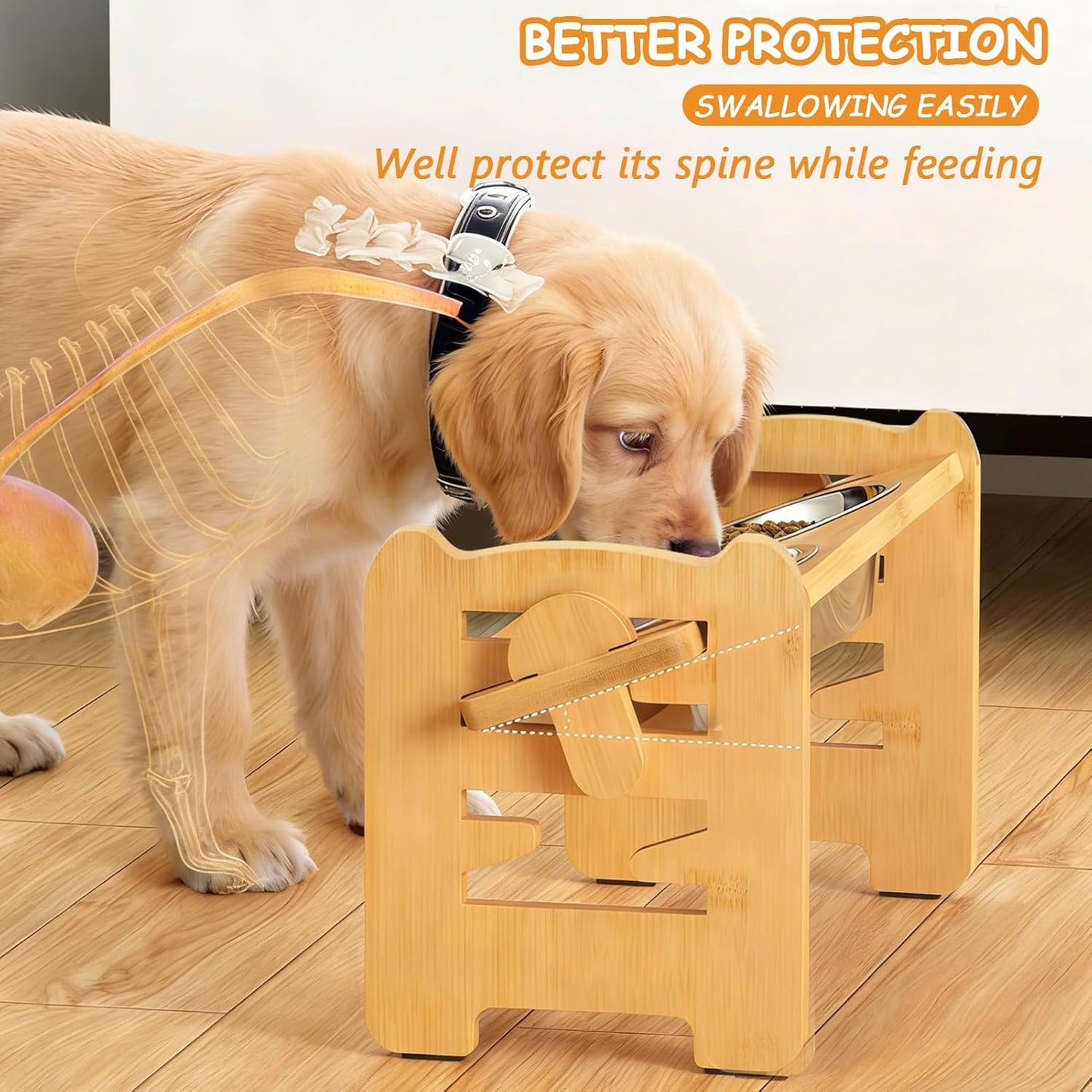 Elevated Dog Bowls, Adjustable Raised Tilted Food Water Bowl, Slanted Bamboo Pet Feeding Station with Stainless Steel Bowl for Small & Medium Dogs, Cat Kitten Flat Faced Puppy Feeder