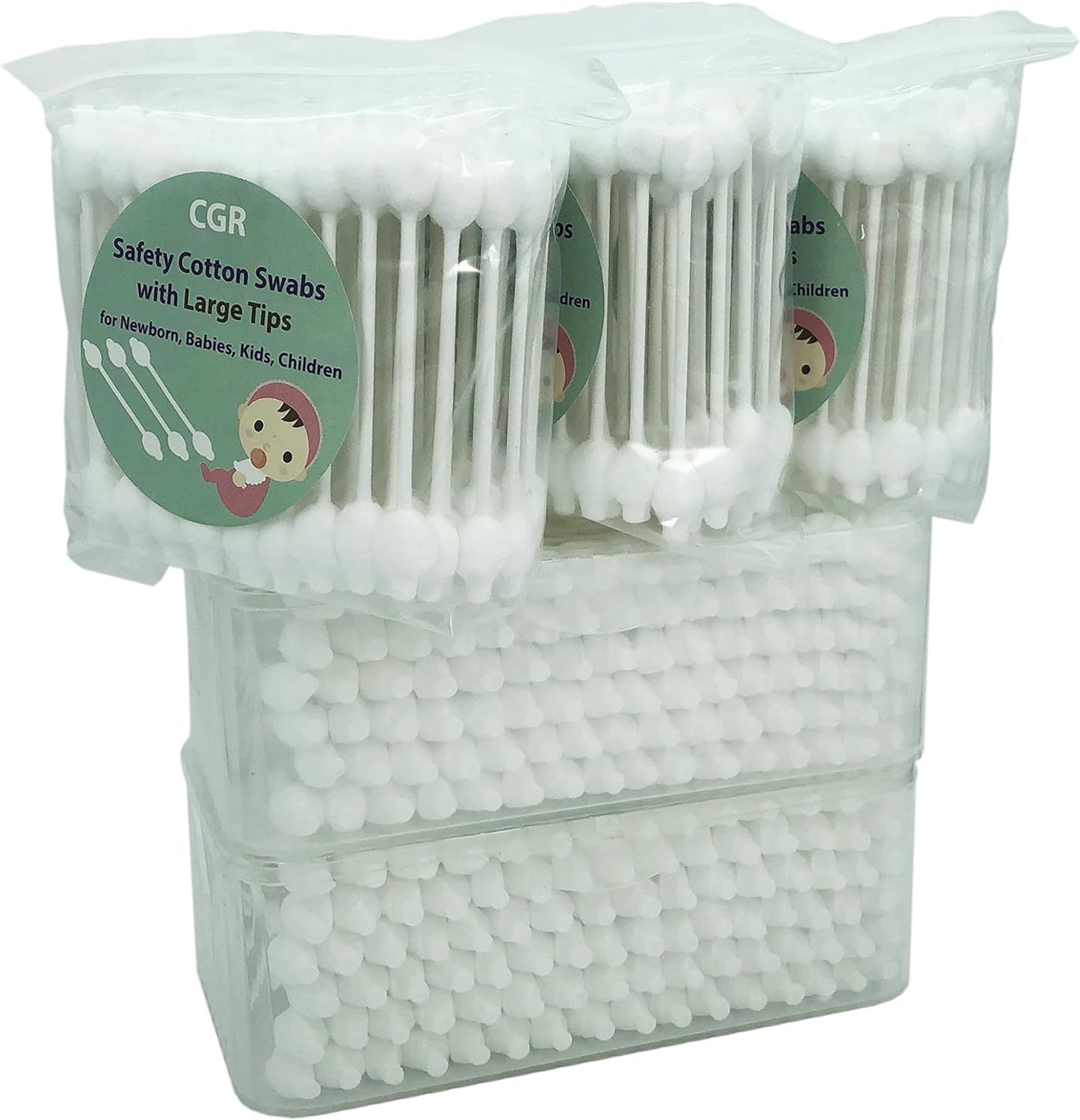 400pcs CGR Baby Safety Cotton Swabs with Large Tips for Newborn, Babies, Kids, Children, 100% Organic Cotton, White Paper Sticks, 5 Pack of 80 Swabs Total(2 Boxes and 3 Bags)