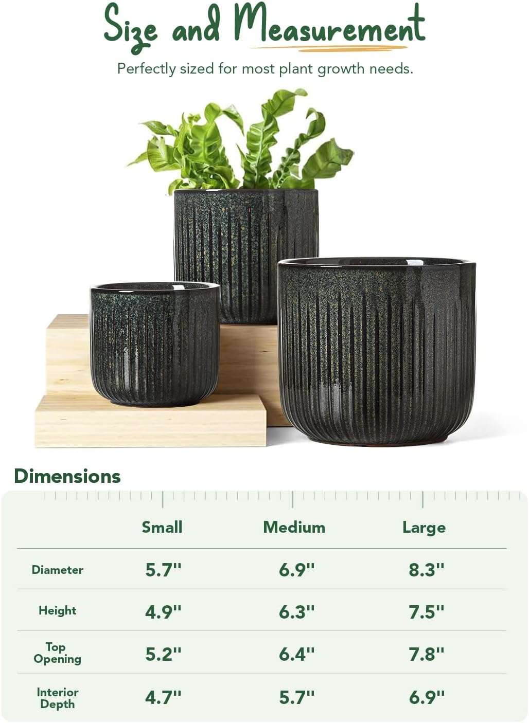 LE TAUCI Ceramic Pots for Plants, 8.3/7/6 Inch Indoor Planters with Drainage Holes & Mesh, Modern Glossy Glaze Cylinder Fluted Plant Pot for Snake Plant, Set of 3, Dark Olive