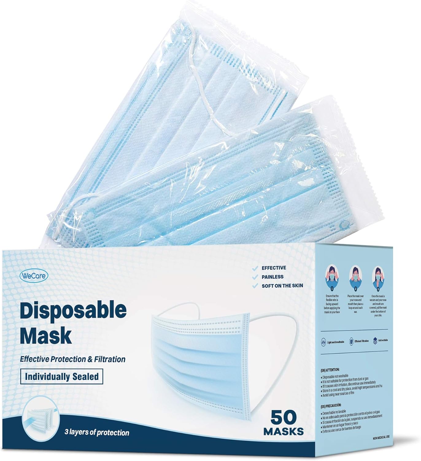WECARE Disposable Face Mask Individually Wrapped - 50 Pack, Printed Masks - 3 Ply
