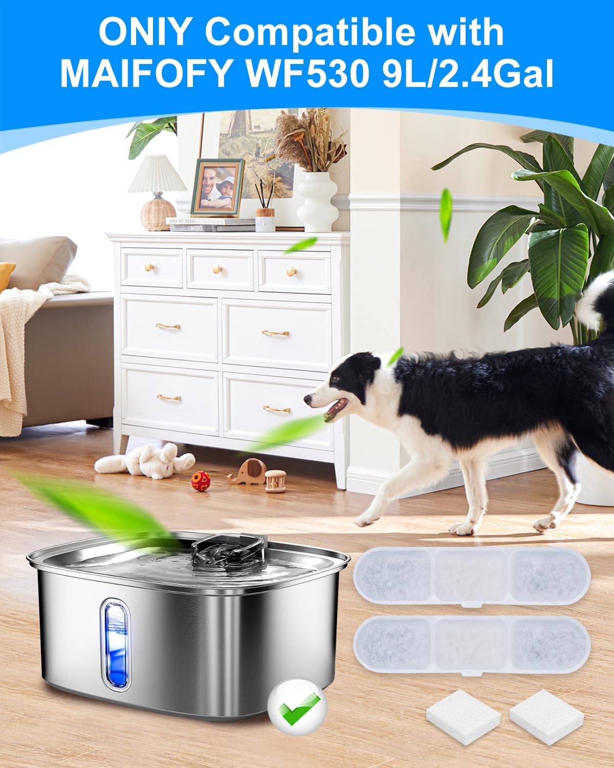 8+8 Pack Dog Water Fountain Replacement Filters Compatible with MAILOFY Dogs Water Bowl Dispenser WF530 9L/2.4GaL, Large Dog Fountain Bowl Filter for Automatic Stainless Steel Pet Fountains
