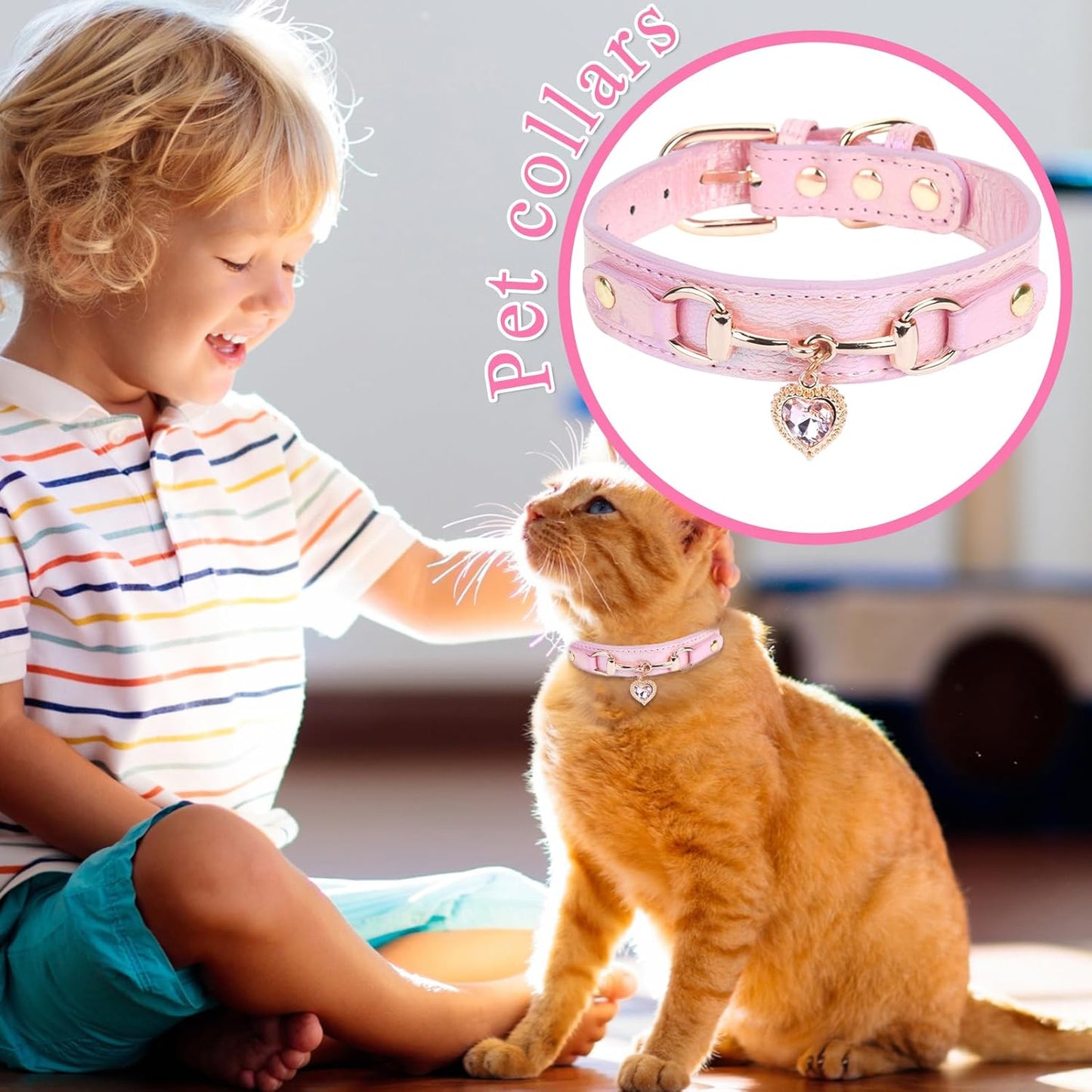 Bling Heart Charm Dog Collar: Pink Adjustable Leather Rhinestones Necklace Collar Pet Accessories for Sizes S Small Medium Dogs,10.6"-13"