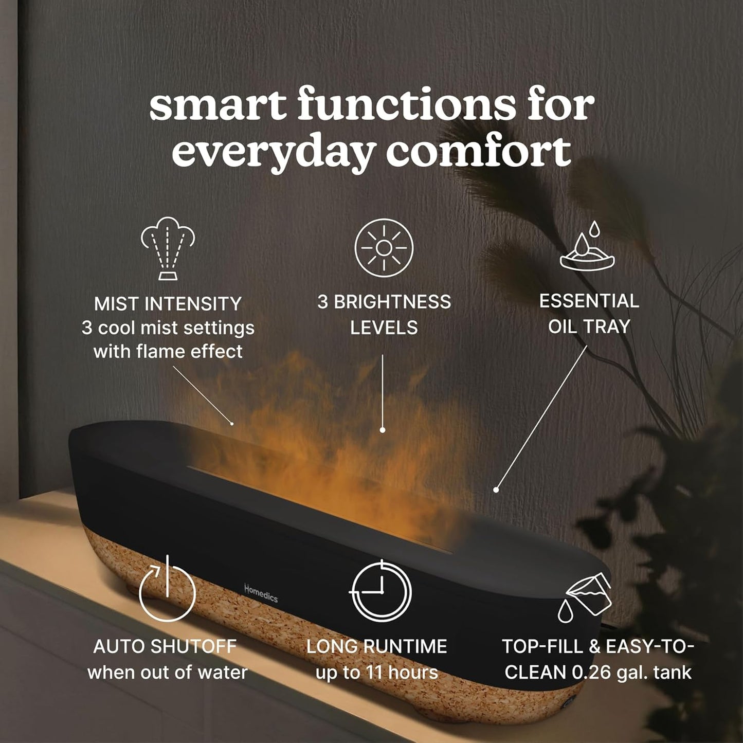 Homedics Fireside Ultrasonic Humidifier, Medium Sized Rooms, Visible Flame-Effect Cool Mist, 0.26-Gal Top-Fill Tank, Dry Air Relief at Home, Breathe & Sleep Better, Aromatherapy