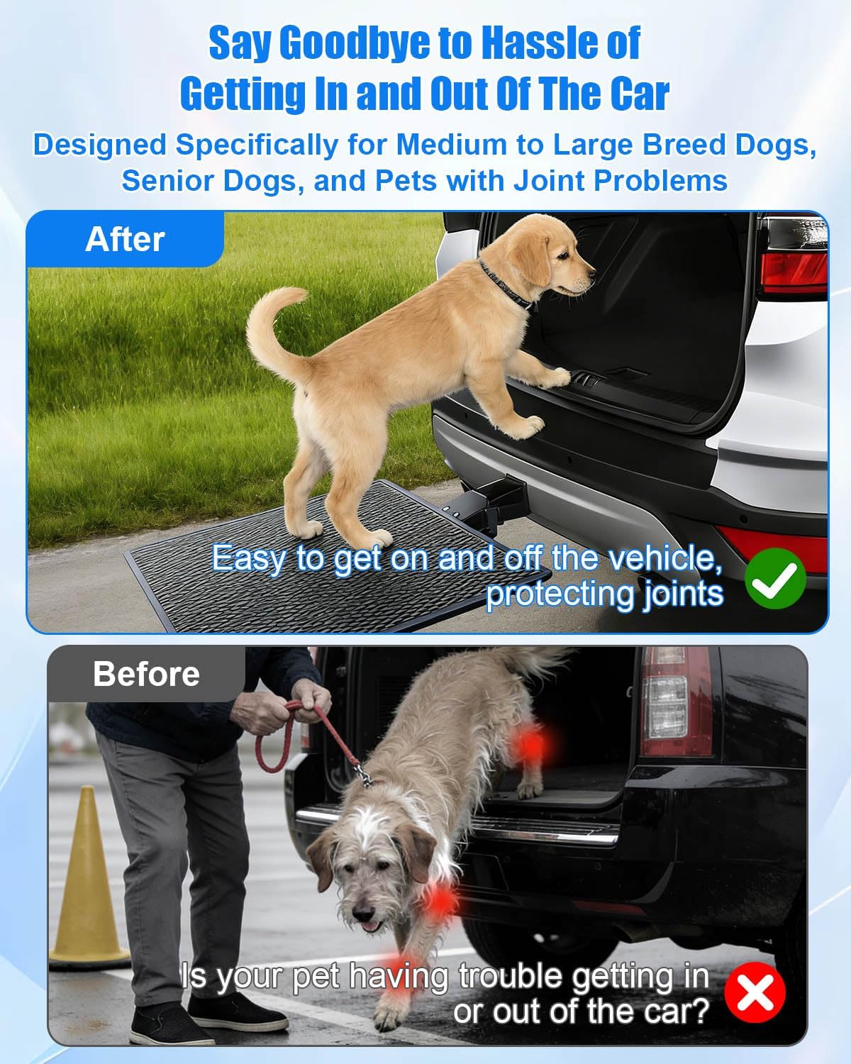 Pet Ramp Steps for Dogs Get in & Out of Car, Dog Ramp for 2-Inch Trailer Hitch, Stainless Steel with Anti-Slip Pad for Medium Large & Senior Pets, Supports 200lbs for SUVs Trucks & Vans