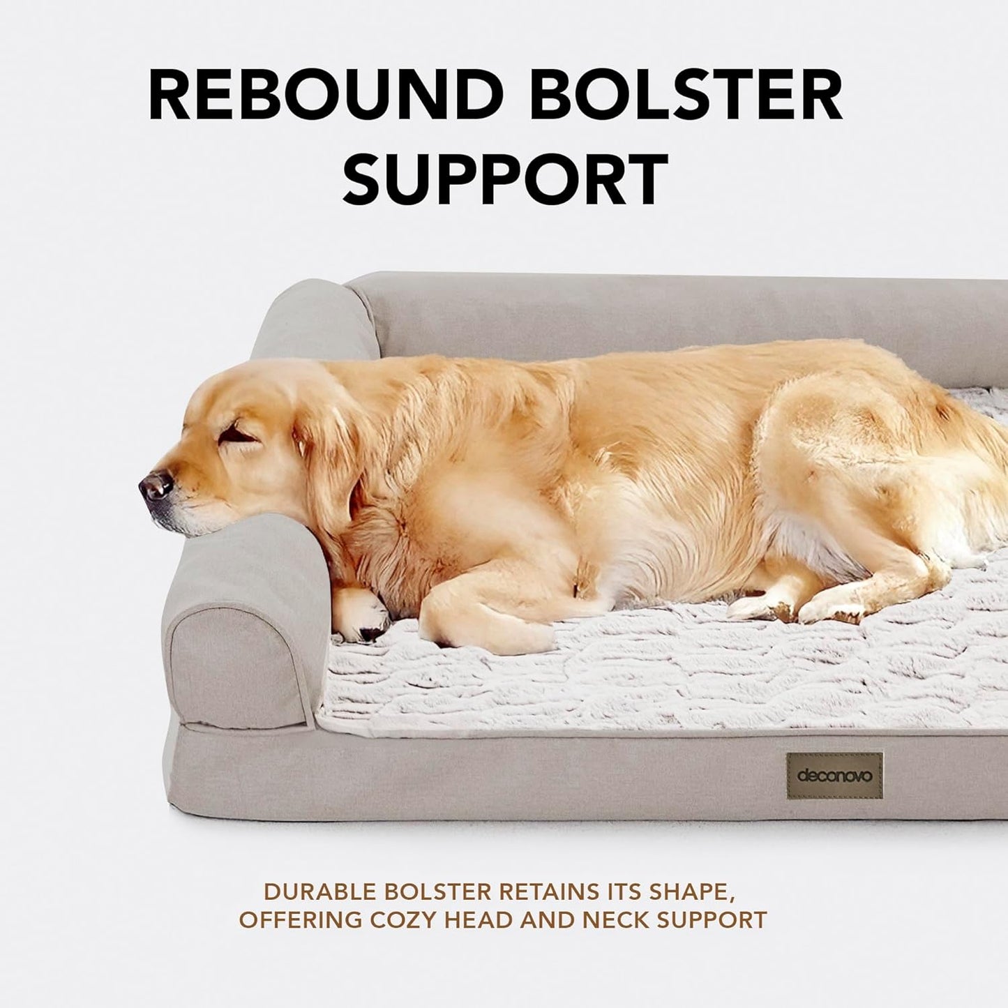 Deconovo Sofa Dog Bed with C-Shape Bolster, Supportive Eggrate Foam, PV Velvet Top, Anti-Slip Waterproof Bottom, Zippered Washable Cover, Large Dogs & XL Options, Khaki, 42x31x8 Inches