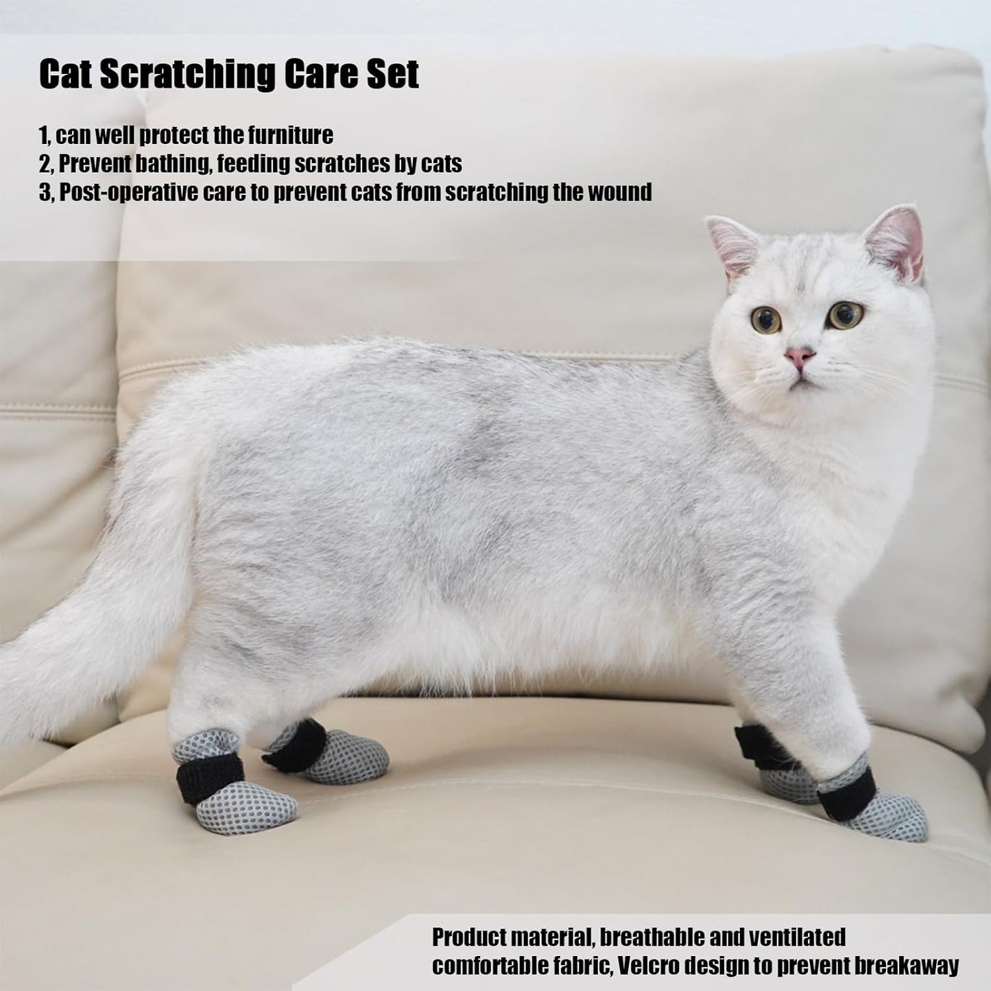 4Pcs Cat Scratch Cover for Nursing Rehabilitation Cat Boots Adjustable Pet Bath Gloves，Anti-Scratch Pet Grooming Booties for Bathing (Grey)