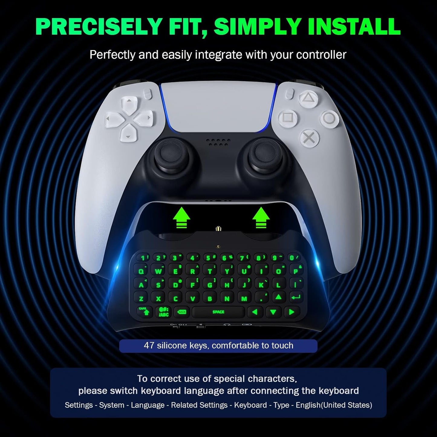MoKo Keyboard for PS5 Controller with Green Backlight, Bluetooth Wireless Mini Keypad Chatpad for PlayStation 5, Built-in Speaker & 3.5mm Audio Jack for PS5 Controller Accessories