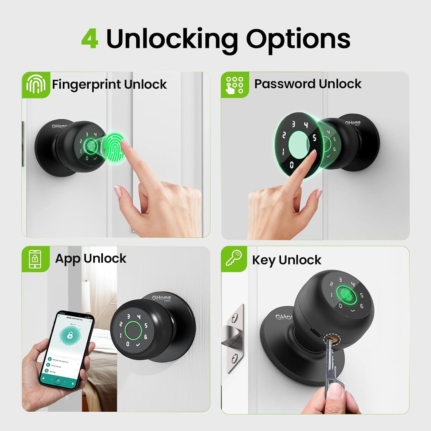 GHome Smart Fingerprint Door Lock, 4 in 1 Smart Fingerprint Door Knob with Keypad, App Control, Auto Lock, Biometric Door Knob with Lock for Bedroom, Apartment, Garage, Home & Office