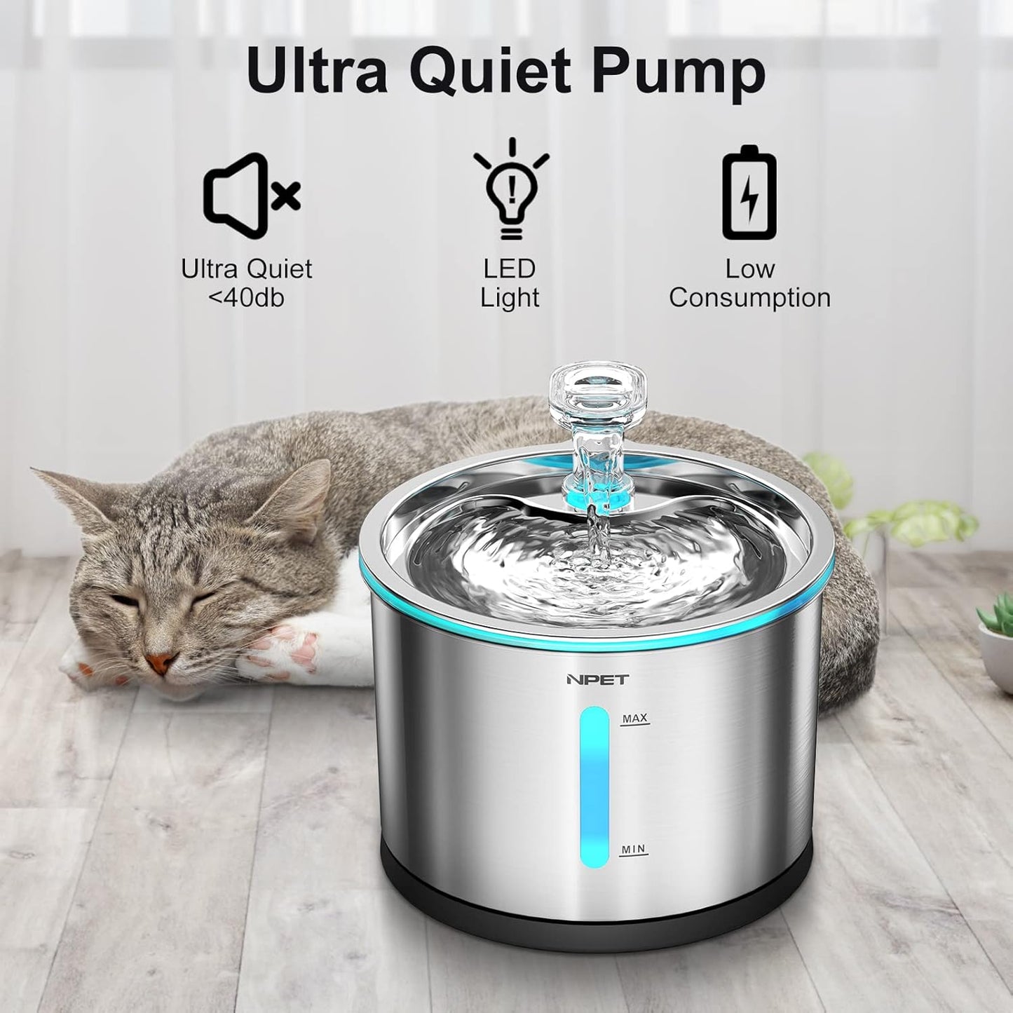 NPET WF210 Cat Water Fountain Stainless Steel, 50oz/1.5L Dishwasher-Safe Pet Water Fountain Ultra Quiet Automatic Cat Water Dispenser with Light for Cats Inside (4 Filters+Fountain(with Adapter))