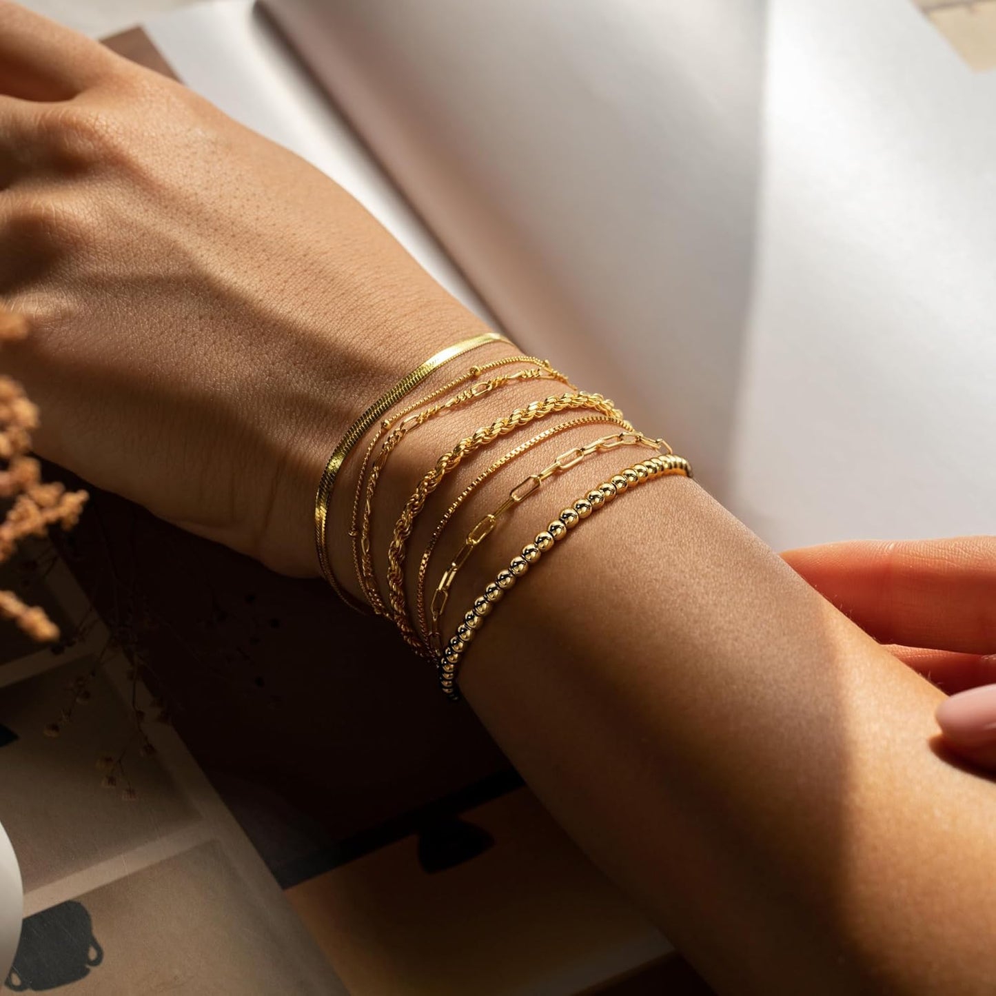 M MOOHAM Gold Bracelets for Women - 14K Real Gold Plated Beaded Bracelets Set Rope Paperclip Chain Stackable Bracelet Non Tarnish, Friendship Birthday Jewelry Gifts for Women Teen