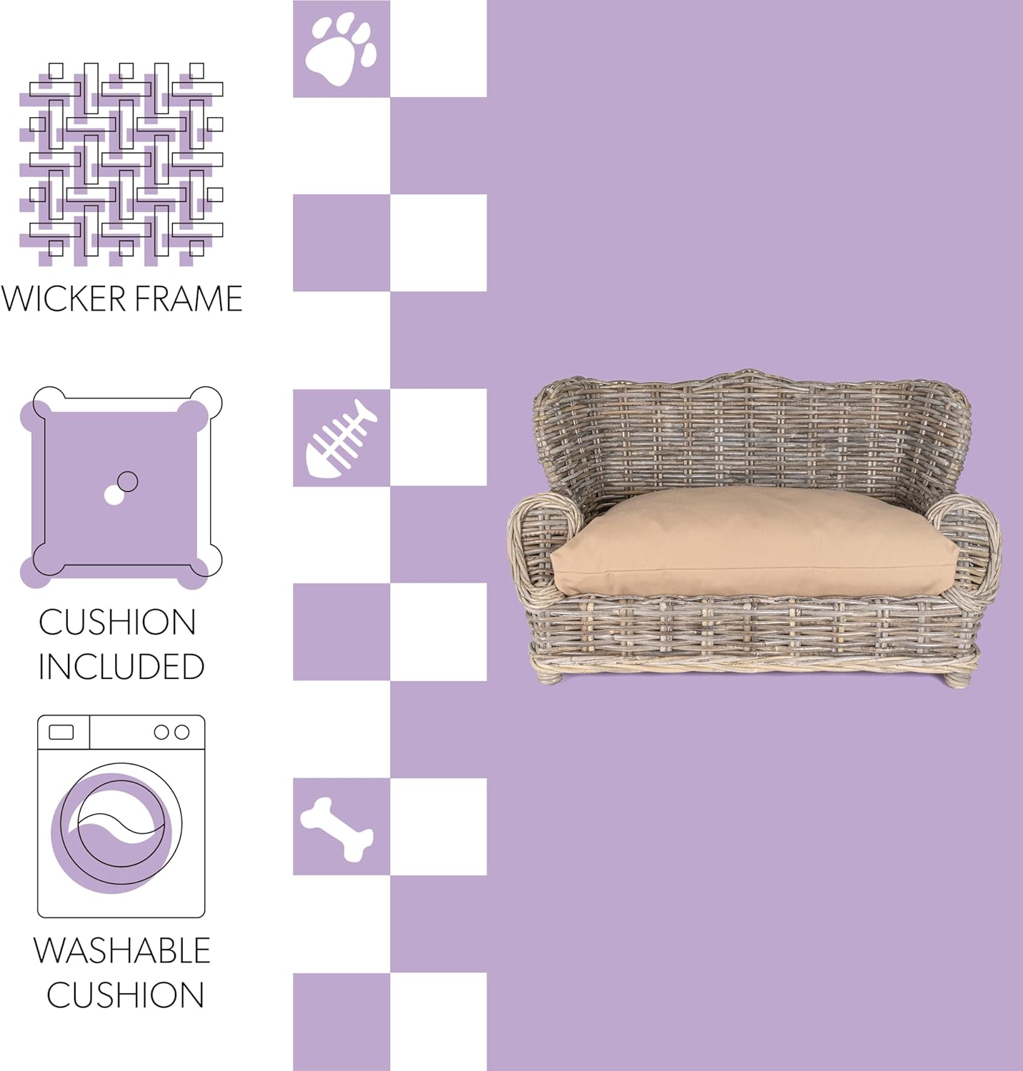 DBD1004A Classic 27.5" x 18" Mediterranean Handwoven Rattan Dog Daybed with Machine-Washable Cushion, Kubu Gray