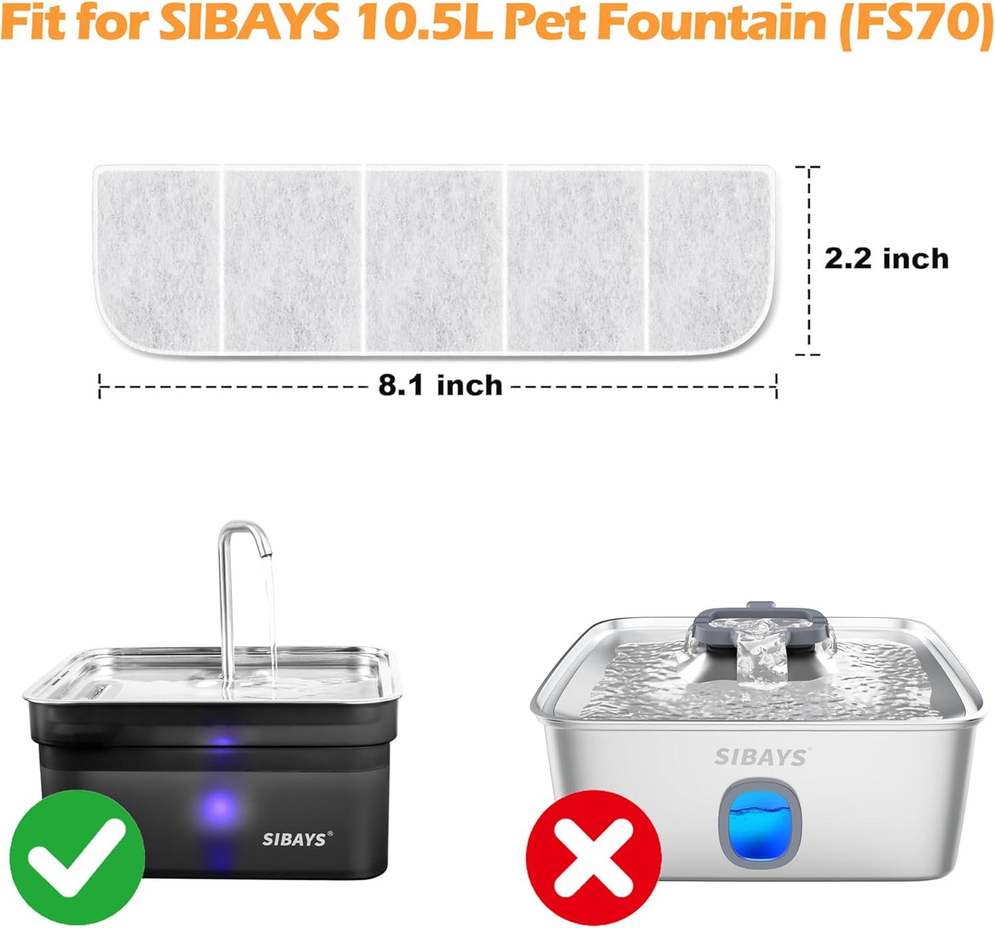 SIBAYS 8 Pack Dog Water Fountain Filters Replacement for SIBAYS 355oz/2.8Gal/10.5L Large Dog Water Fountain(FS70), Made of Activated Carbon and PP Cotton, Food Grade Water Fountain Filters(Model: L07)
