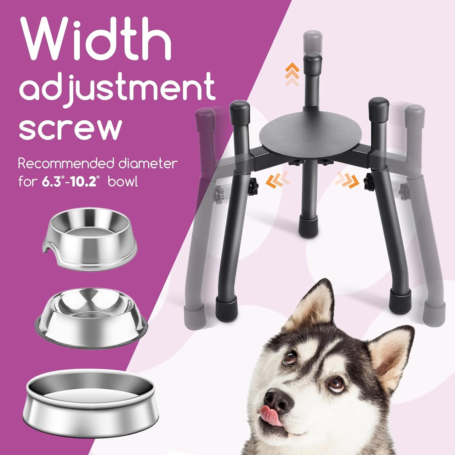 Adjustable Elevated Dog Bowl Stand, Metal Raised Feeder for Medium & Large Dogs, 3 Heights (8.8", 10.8", 12.5"), Width 6.3"–10.2", Spill-Proof Mat, Anti-Slip & Quiet, Bowl Not Included