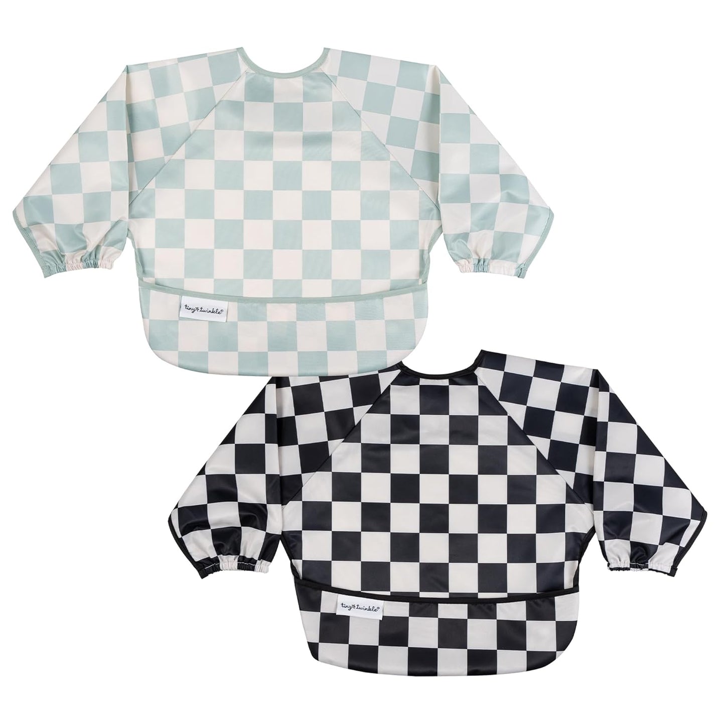 Tiny Twinkle Long Sleeve Bib for Babies & Toddlers | 2-Pack Waterproof Smock Bib for Eating | Machine Washable & Mess-Proof Feeding Essentials | Newborn Shower Gift (Black,Sage Checkers, 6-24M)