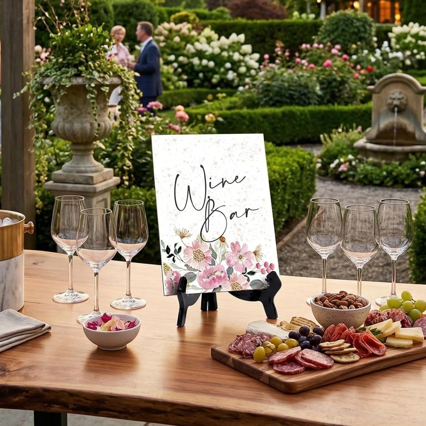 Wine Bar Table Sign with Easel, Floral Watercolor Design (6" x 8")
