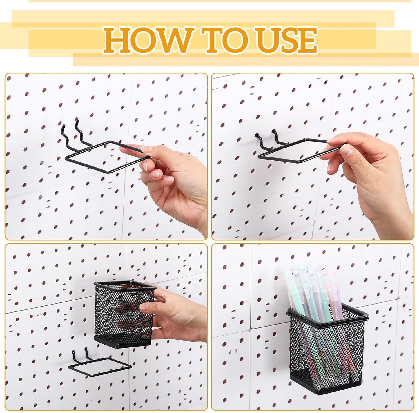 6 Sets Pegboard Cups with Hooks Pegboard Pencil Holder Bin Organizer Black Square Peg Board Accessories Metal Pencil Holder Cup for Home Office Workbench Craft Room Workshop Garage Tool