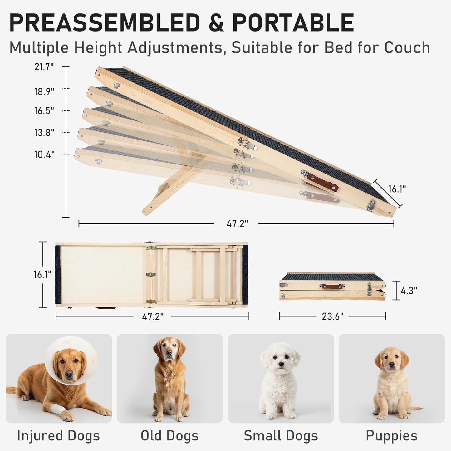Wooden Dog Ramp for Couch High Bed, Non Slip Pet Ramps for Small Dogs and Cat with 4 Adjustable Height from 9.84'' to 17.91'', Portable 40'' Long Foldable Ramp for Dogs to Get on Bed Car