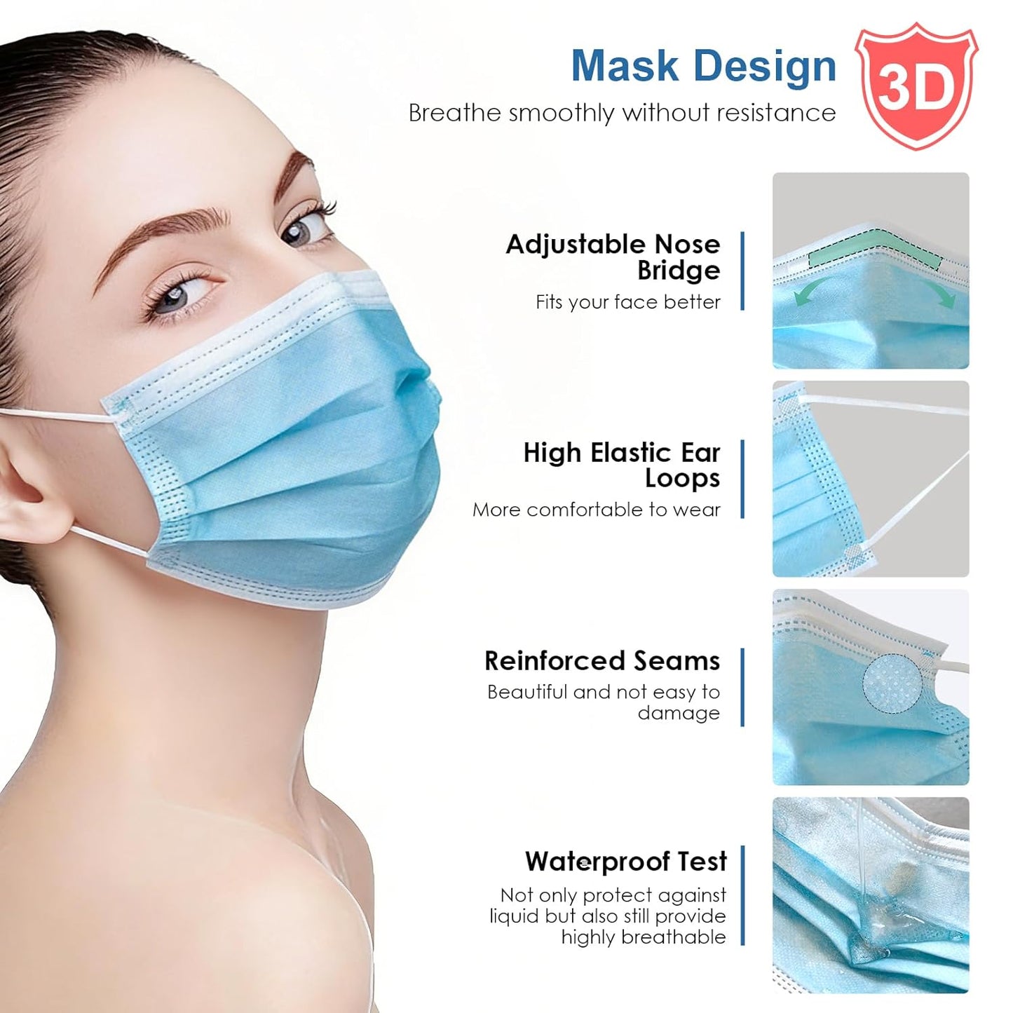 NNPCBT Blue Disposable Face Masks 100 Pack,3-Ply Breathable Mask For Adults,Great For Outdoors,Home, Office, School