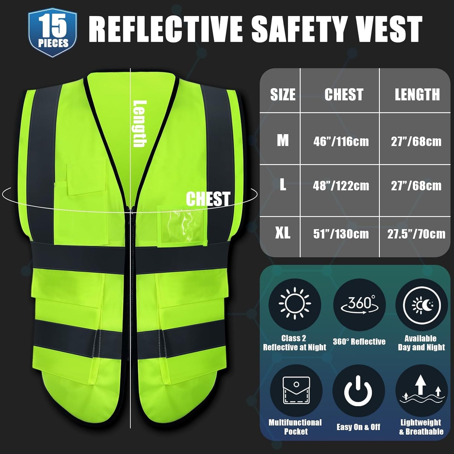 JaGely 15 Pack Reflective Safety Vests with Pockets and Zipper Construction Work High Visibility Vest for Men Women(Large,Fluorescent Green)