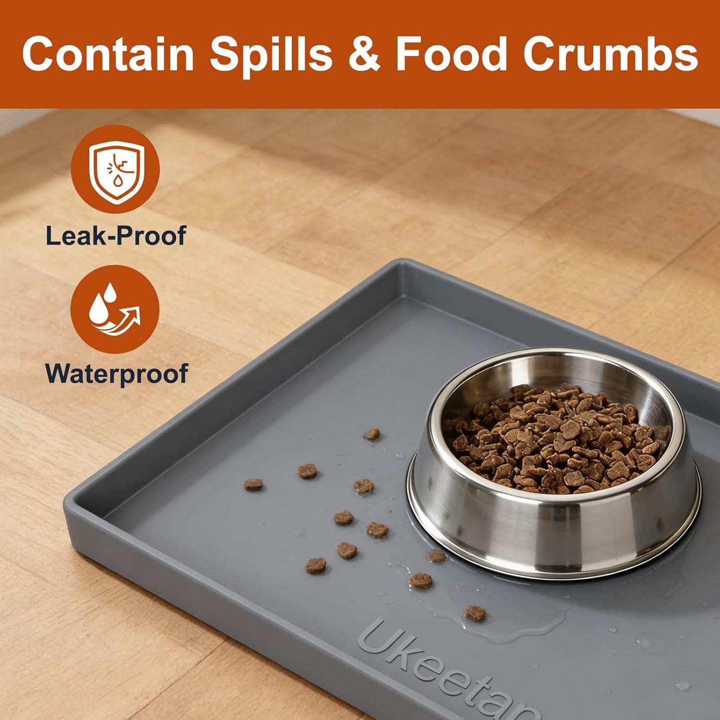 Extra Thick Silicone Mat Waterproof with Raised Edge 19” x 12”, BPA Free Non-Slip Dog & Cat Food Mat, Feeding Mat for Food and Water Bowls, Spill Proof Mat to Protect Floors, Gray