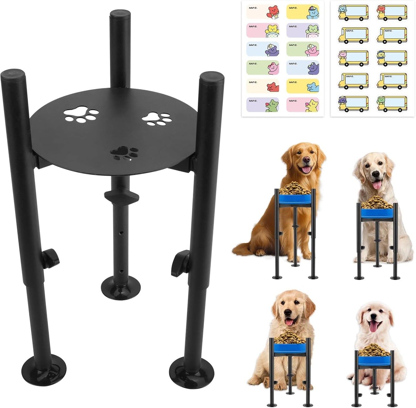 Single Dog Bowl Stand for Medium Large Dogs, Adjustable Width 6-10" Raised Dog dishes Stand，Elevated 4 Heights Tall Dogs Bowls Holder with Name Label Stickers, Black(Bowl Not Included)