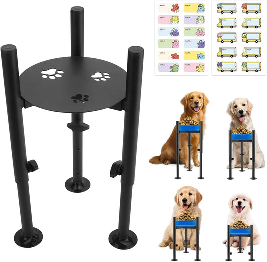 Single Dog Bowl Stand for Medium Large Dogs, Adjustable Width 6-10" Raised Dog dishes Stand，Elevated 4 Heights Tall Dogs Bowls Holder with Name Label Stickers, Black(Bowl Not Included)