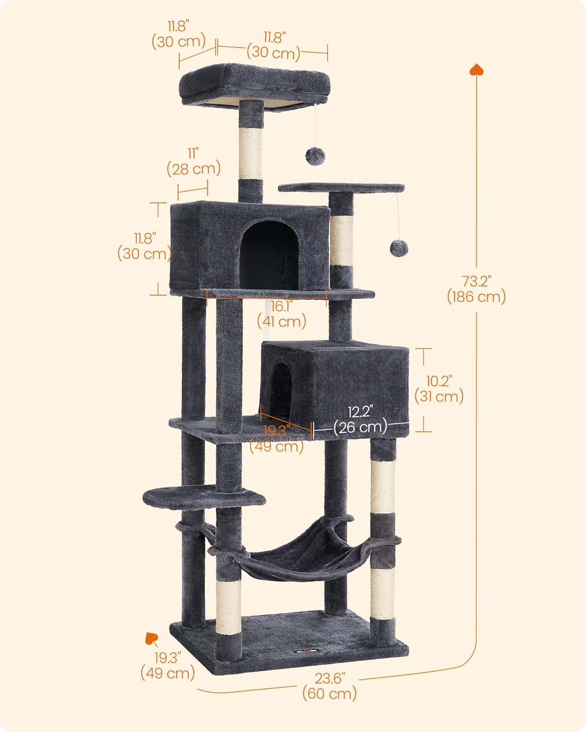 Feandrea Cat Tree, 73.2-Inch Tall Cat Tower, Plush Multi-Level Condo with 5 Scratching Posts, 2 Perches, 2 Caves, Hammock, 2 Pompoms, Smoky Gray UPCT191G01