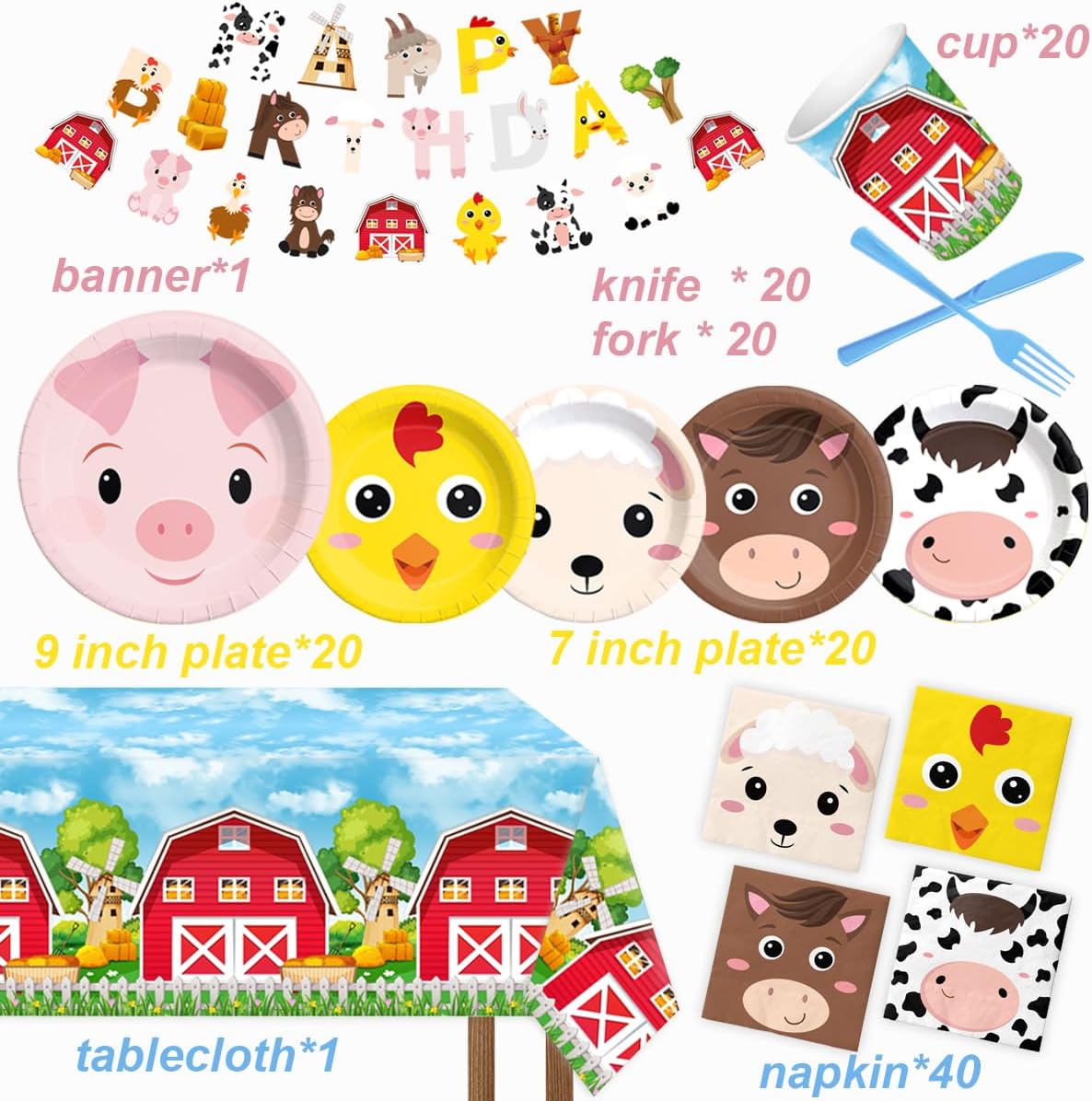Farm Birthday Decorations-142Pcs Farm Animals Tableware Barnyard Themed Plates and Napkins Kit Farm Birthday Party Supplies for 20 Guest
