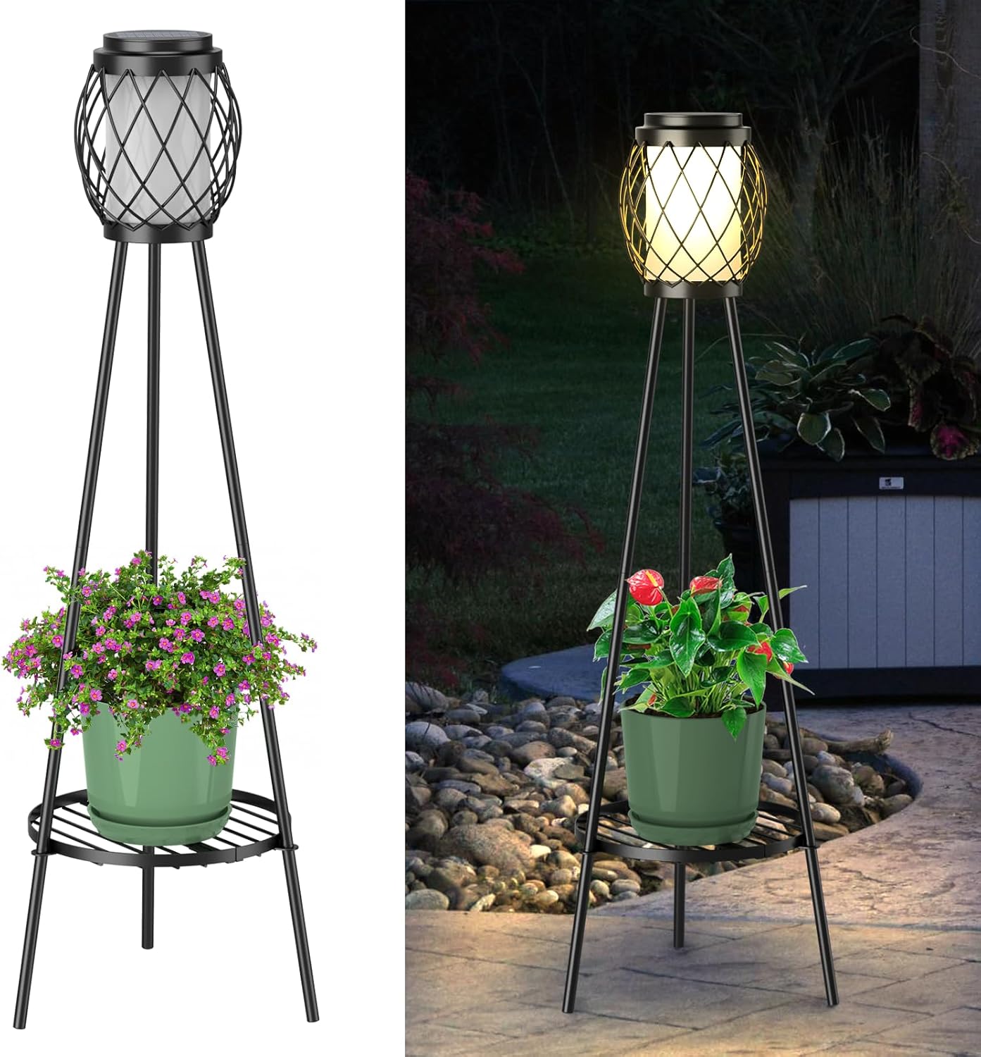 MXwcy Solar Lights Outdoor with Plant Stands 2 Pack, Solar Floor Lamp Metal Tripod Patio Lights for Garden Yard Pathway Driveway Front/Back Porch Decoration