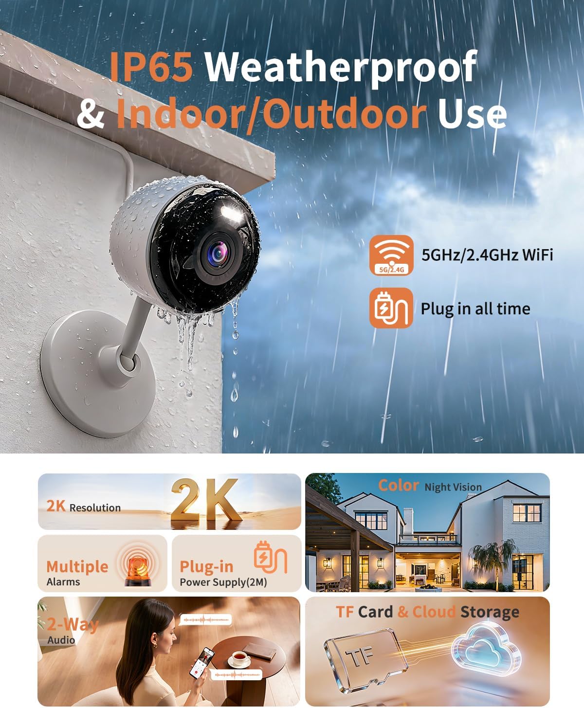 2K Cameras for Home Security, 5G & 2.4G WiFi Security Camera Indoor Outdoor for Baby Pet Dog Cat Nanny, 2-Way Audio, Color Night Vision, Siren, 24/7 Local Recording, IP65, Work with Alexa, K07-4P