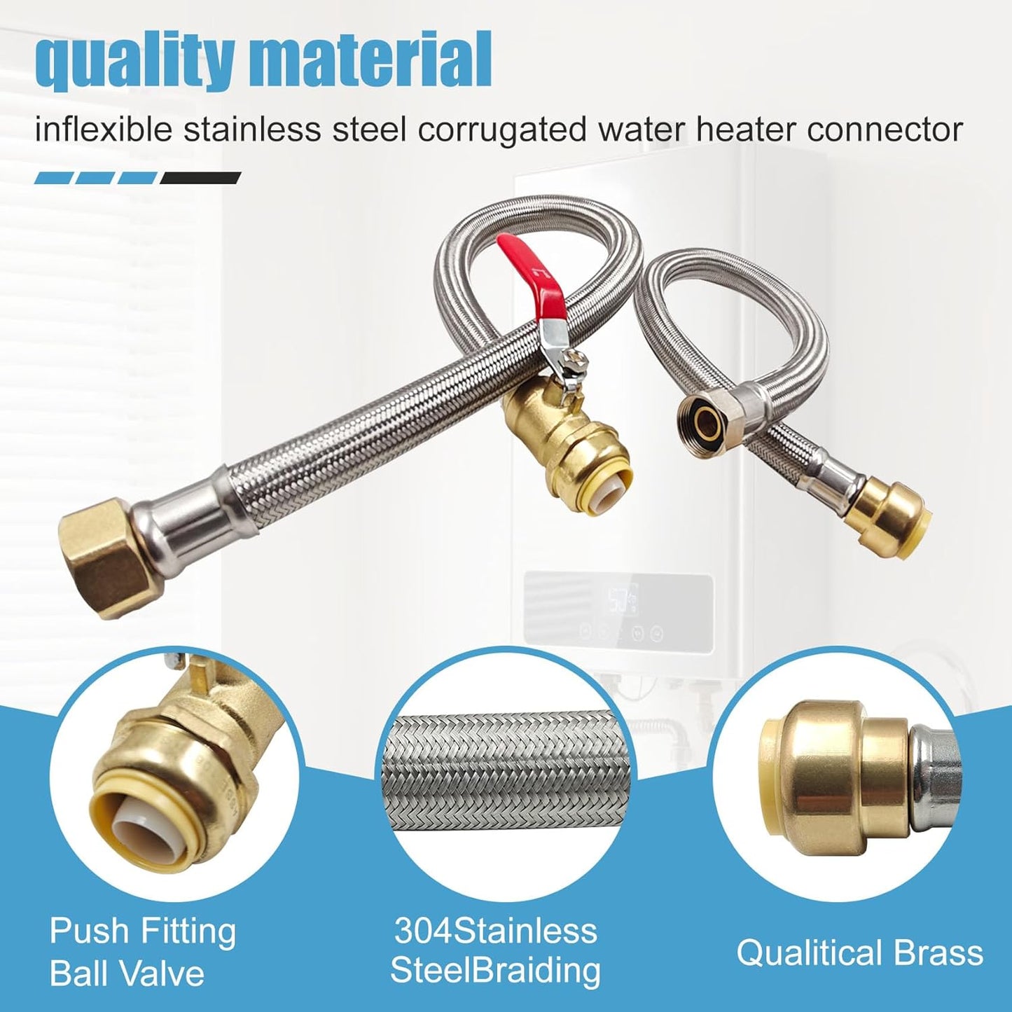 3/4" Ball Valve x 3/4" FIP x 24" Water Heater Hose Connector, Stainless Steel Braided Corrugated Flexible Water Heater Connector, Push To Connect Brass Plumbing Fitting, Copper, Pex, CPVC, 2 Pack