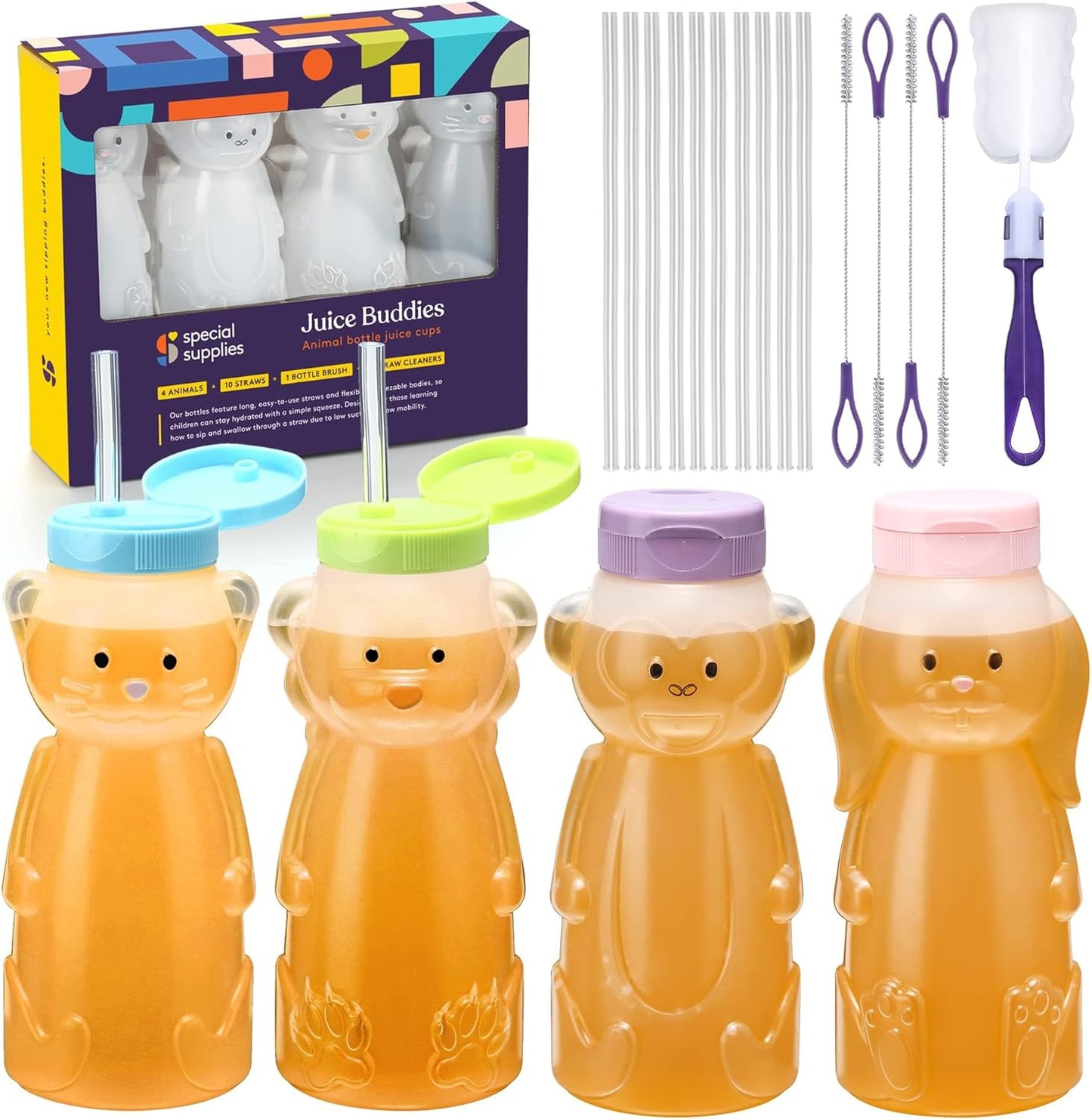 Special Supplies Honey Bear Straw Cup For Babies, 4-Pack, Fun Animal-Shaped Baby Led Weaning Training Drink for Straw Training and Weaning