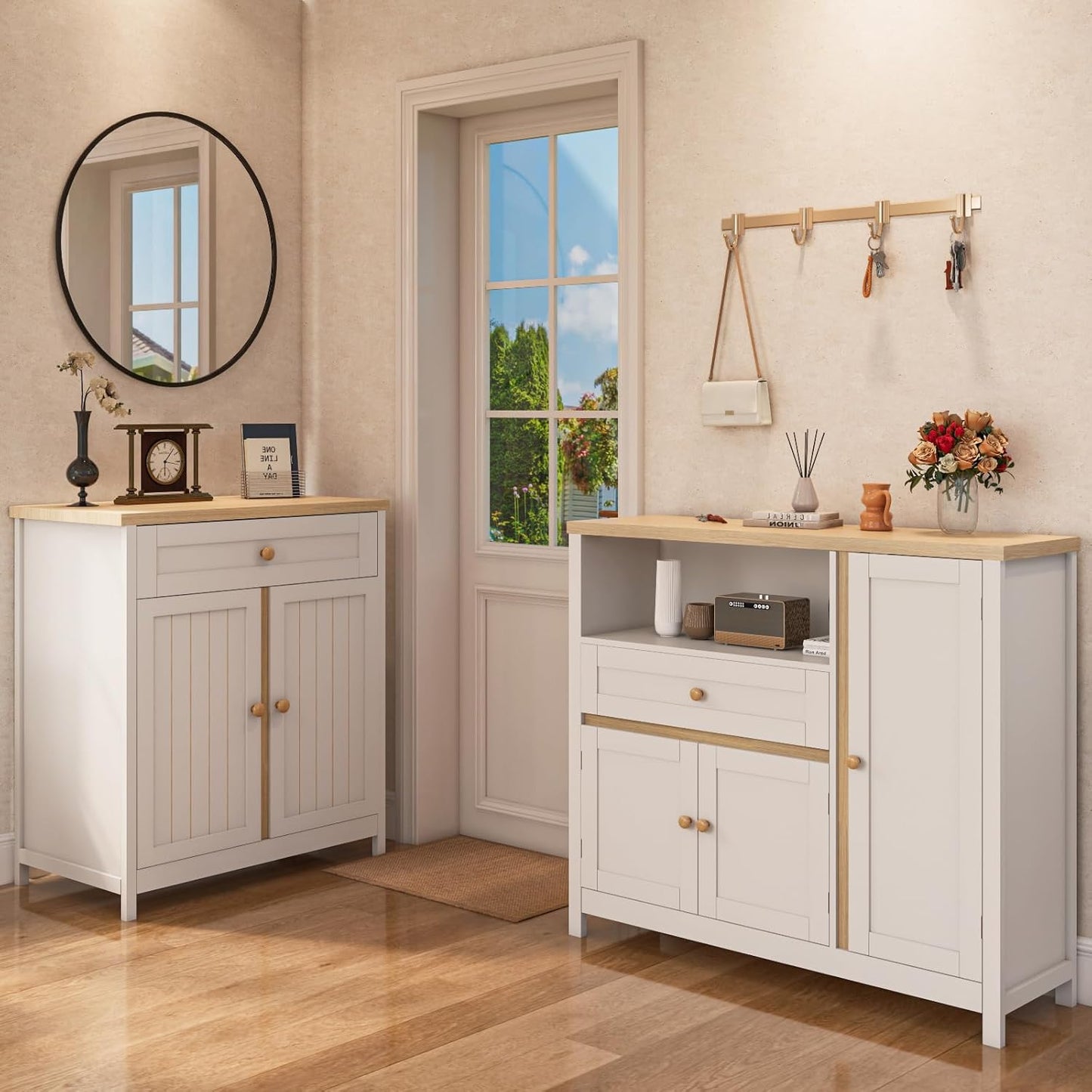 Storage Cabinet with Doors and Drawers,Kitchen Storage Cabinets，with Drawer and Adjustable Shelf（White）