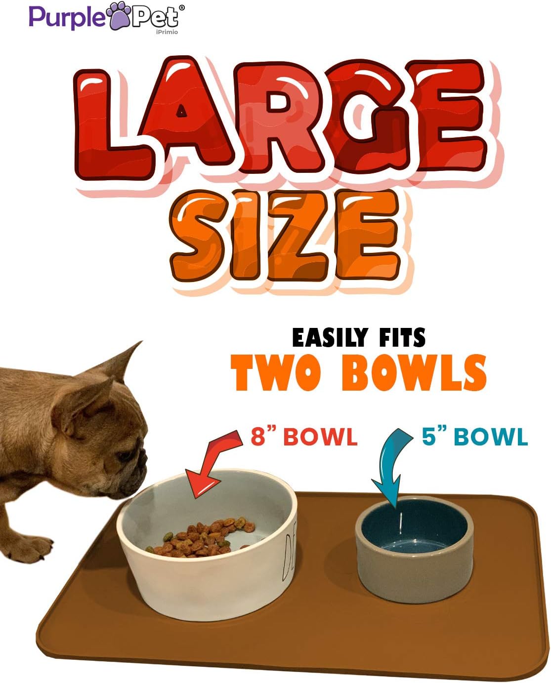 iPrimio Extra Large Pet Food Mat with Logo - Food Grade Silicone Cat Dog Feeding Mat - Dog Bowl Mat for Food and Water - Prevent Pet Water Food Spills - Protects Flooring - Non Slip - Large Brown