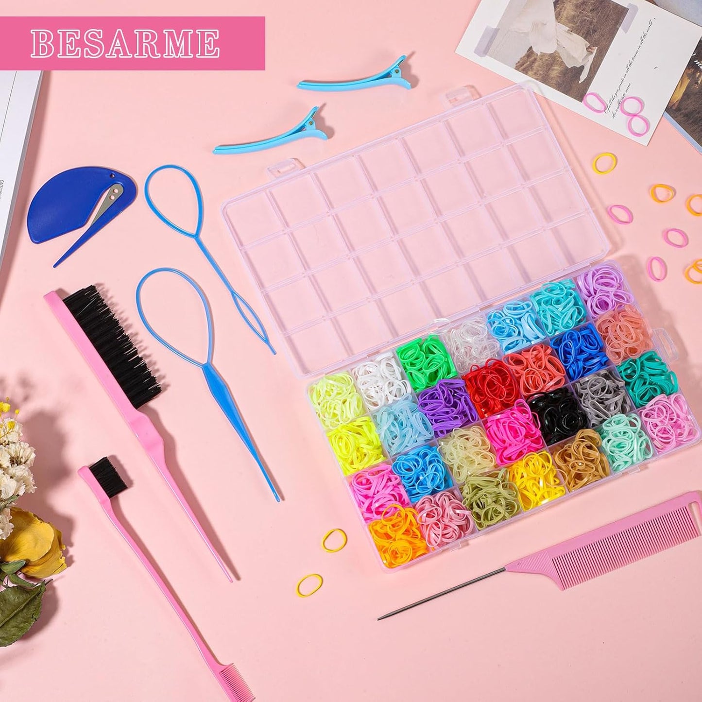 28 Colors Rubber Bands with 8 Hair Styling Tools, 1500 Pcs Colorful Elastic Ties Small Rubber Bands Baby Toddler Ties Mothers Day Gifts for Mom Daughter