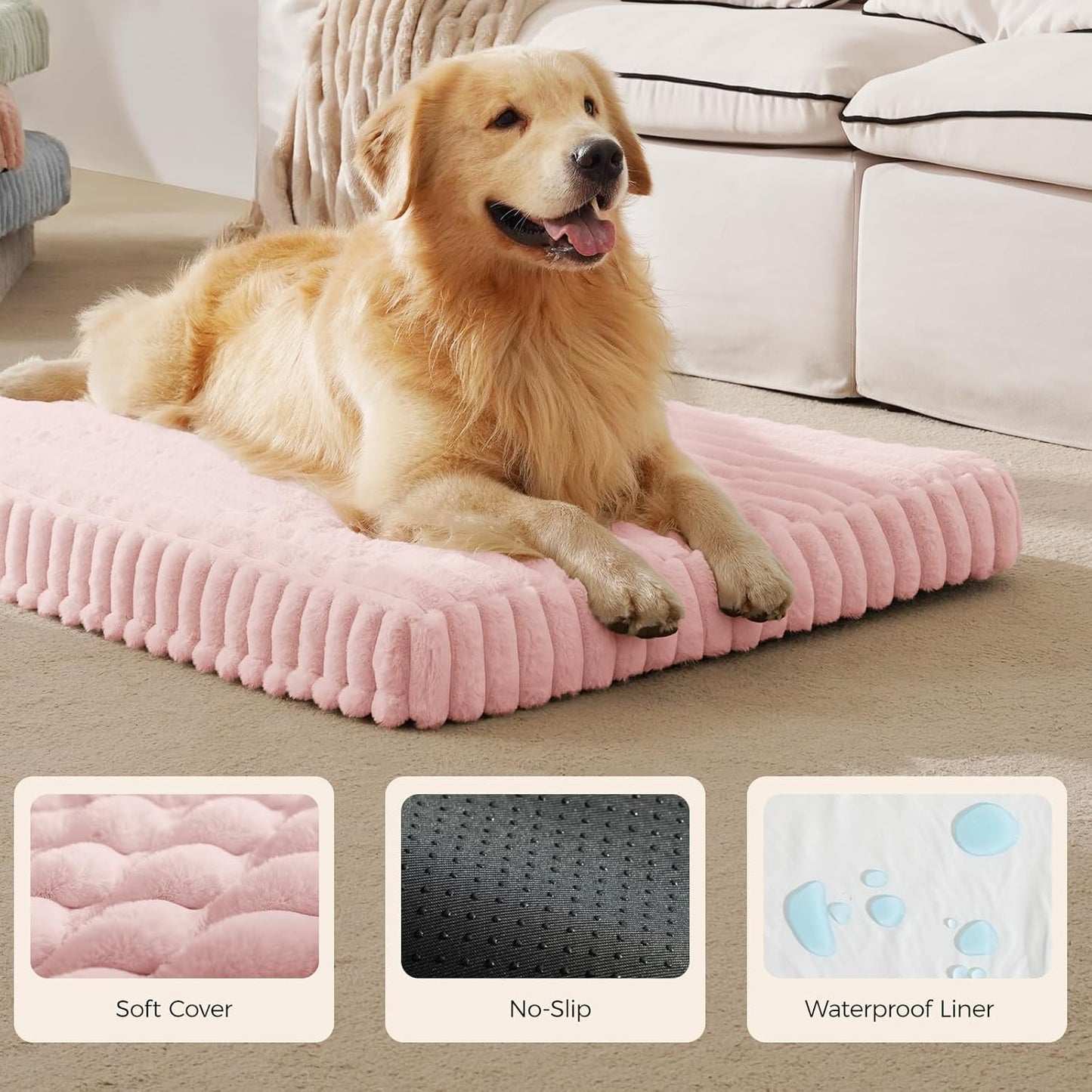 Orthopedic Dog Bed for Extra Large Dog, Waterproof Pet Bed,Non-Slip Bottom and Egg-Crate Foam with Removable Washable Cover Crate Bed,Pink,42"x30"x4"
