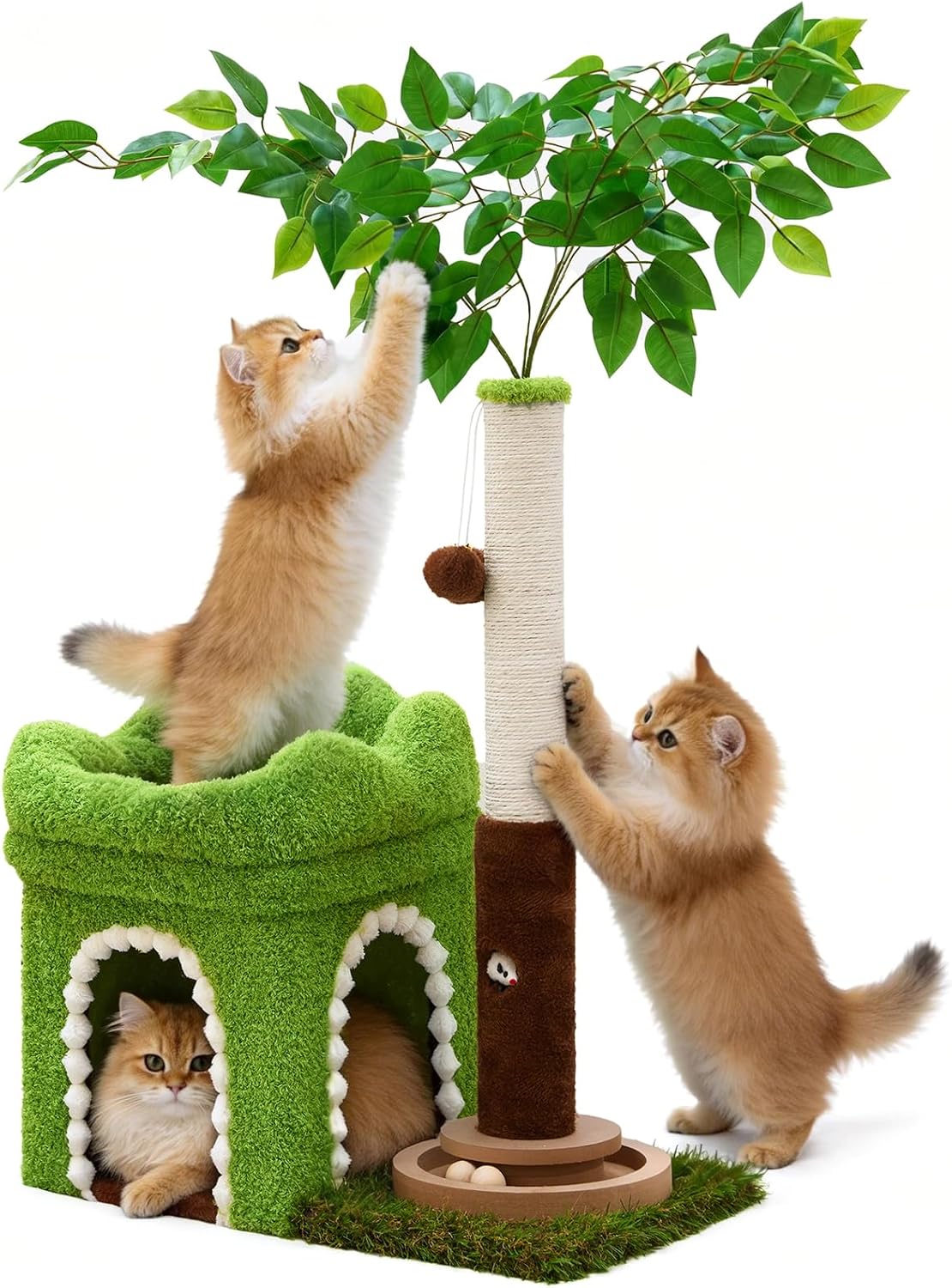 Small Cat Tree with Scratching Post and Ball Track, Green Cat Tower with Lifelike Leaves for Kittens and Small Cats, 2-Door Cat Condo and Interactive Cat Toys for Indoor Cats