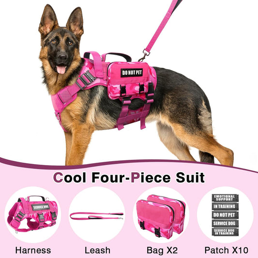 WINSEE Tactical Dog Harness with Dog Leash, Service Working MOLLE Vest with 10 Pet Patches for Dog, No Pull Military Harness and Backpack for Training Hunting Walking